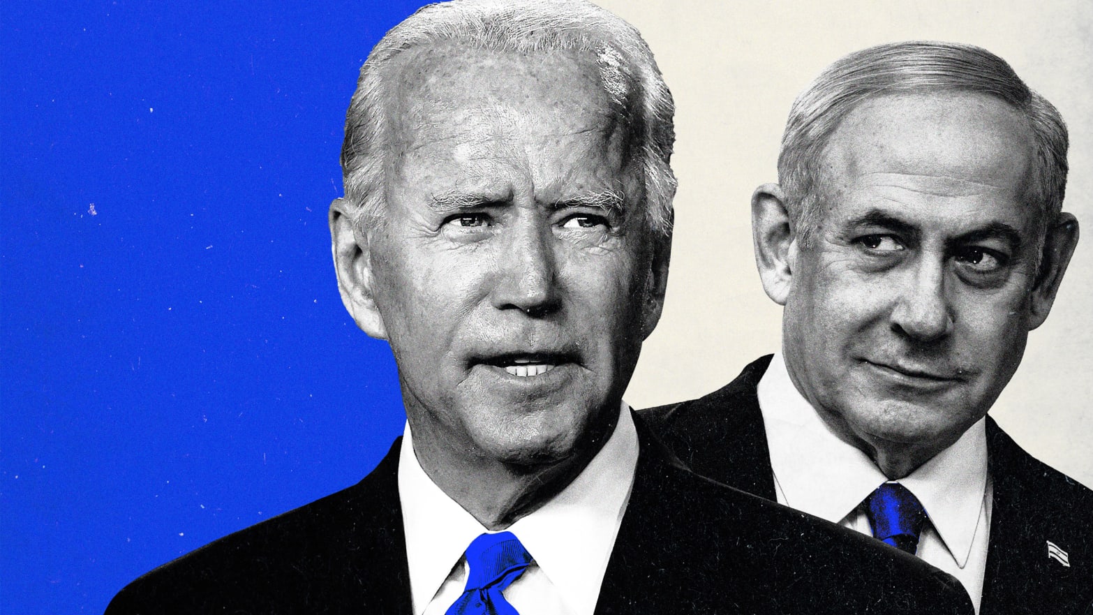 An illustration that includes photos of U.S. President Joe Biden and Benjamin "Bibi" Netanyahu