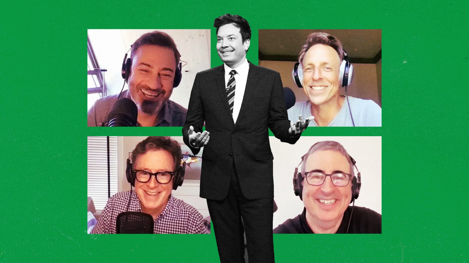 A photo illustration of Strike Force Fice Podcast hosts Stephen Colbert, Jimmy Fallon, Jimmy Kimmel, Seth Meyers and John Oliver.