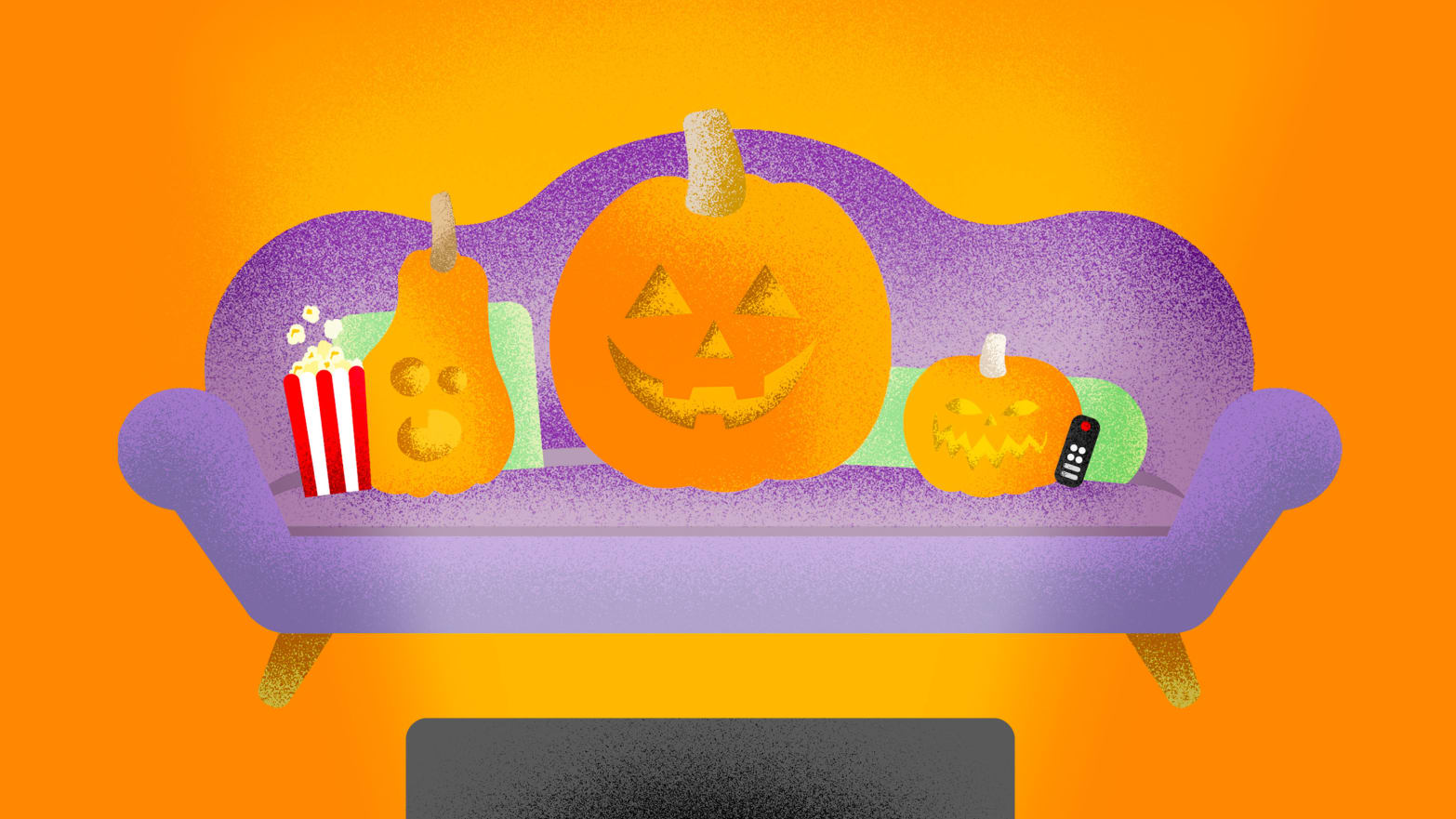 An illustration of pumpkins watching TV