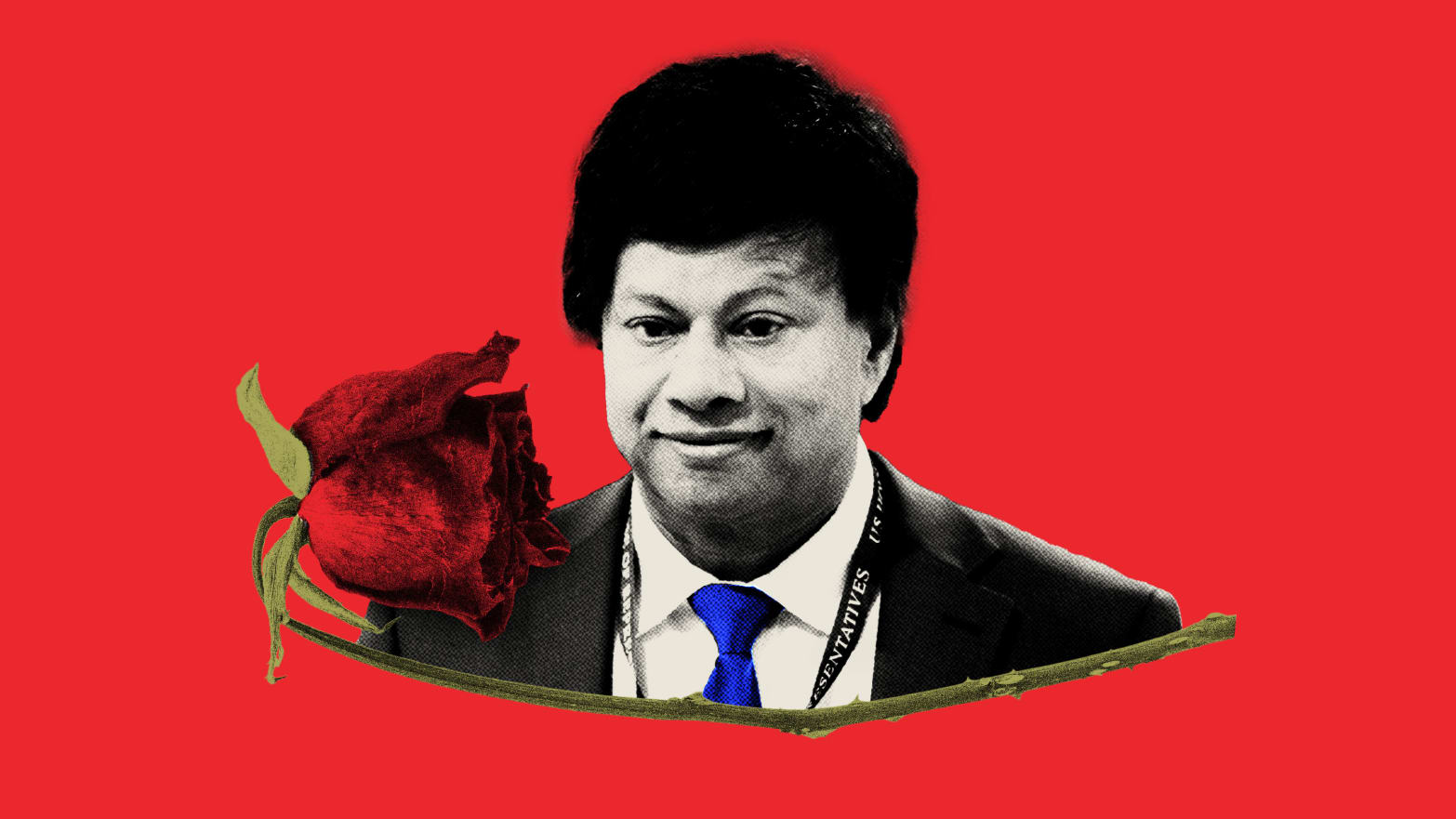 Photo illustration of Shri Thanedar atop a wilted red rose on a red background.
