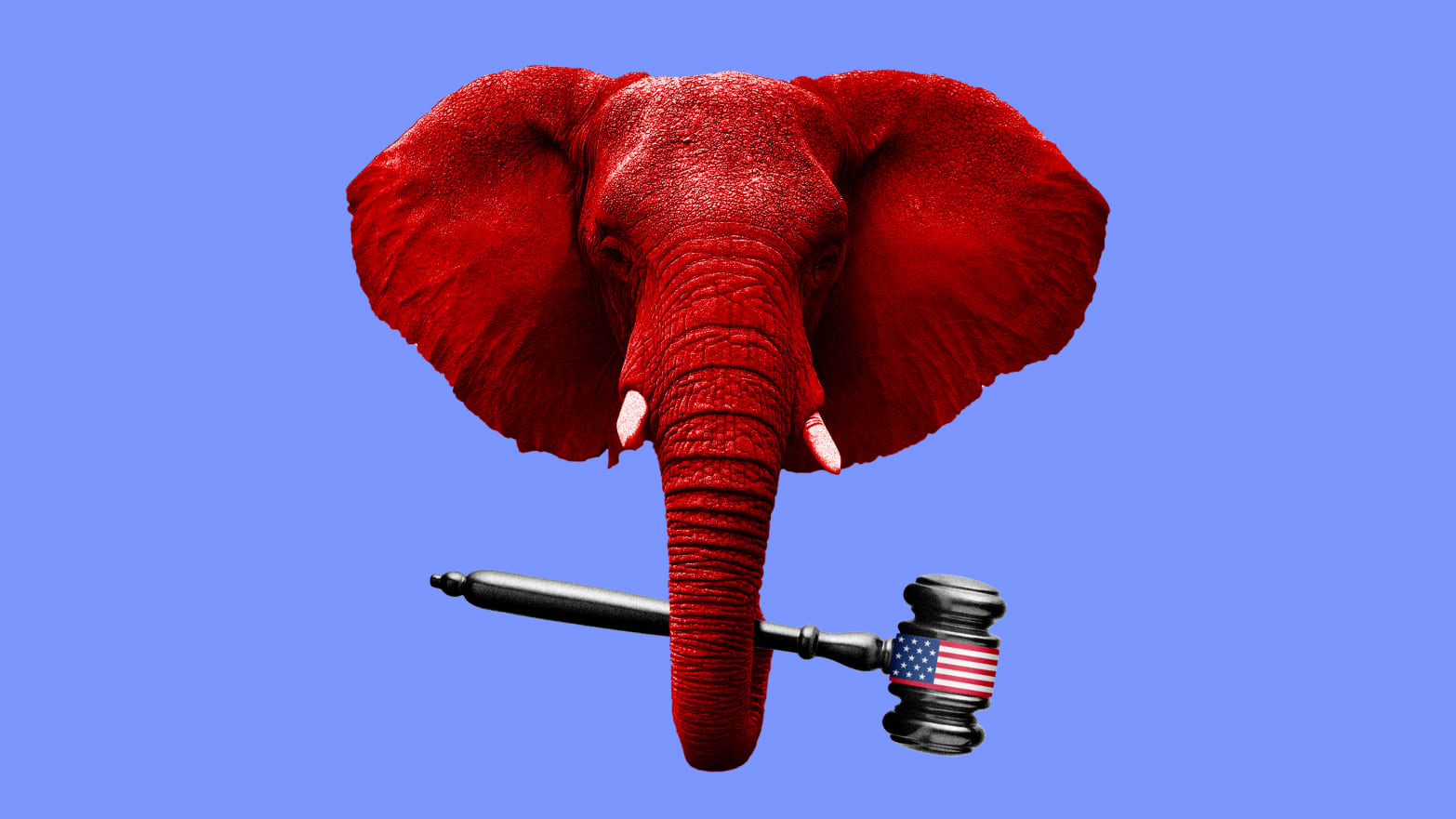 A red elephant holds a gavel with an American flag.