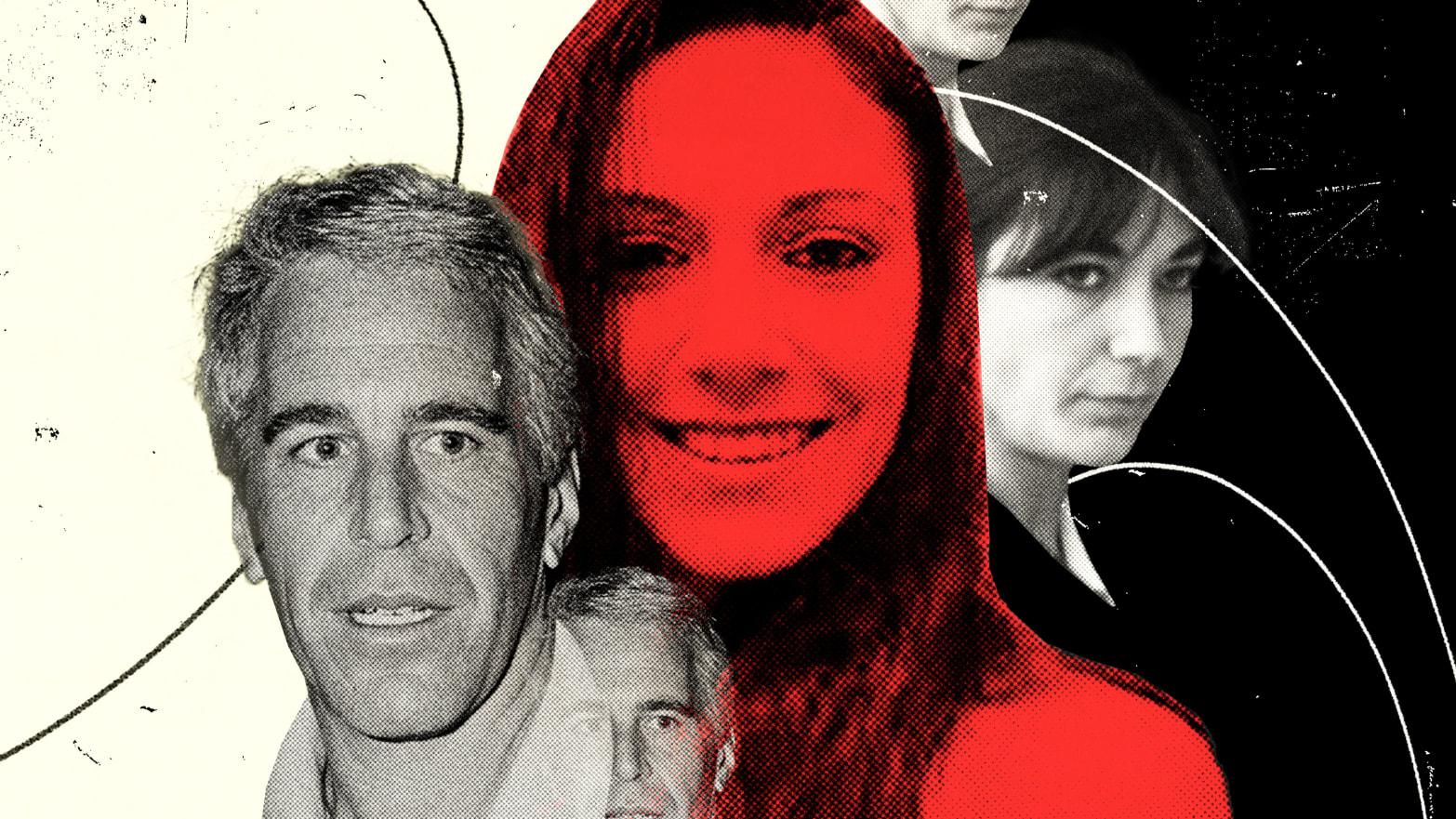 A photo illustration of Carolyn Andriano in red with Jeffrey Epstein and Ghislaine Maxwell in black and white.