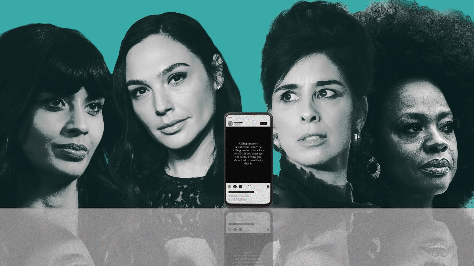 A photo illustration showing Viola Davis, Sarah Silvermann, Jameela Jamil and Gal Gadot surrounding an iphone that has a trending social media post about Palestine and Israel.
