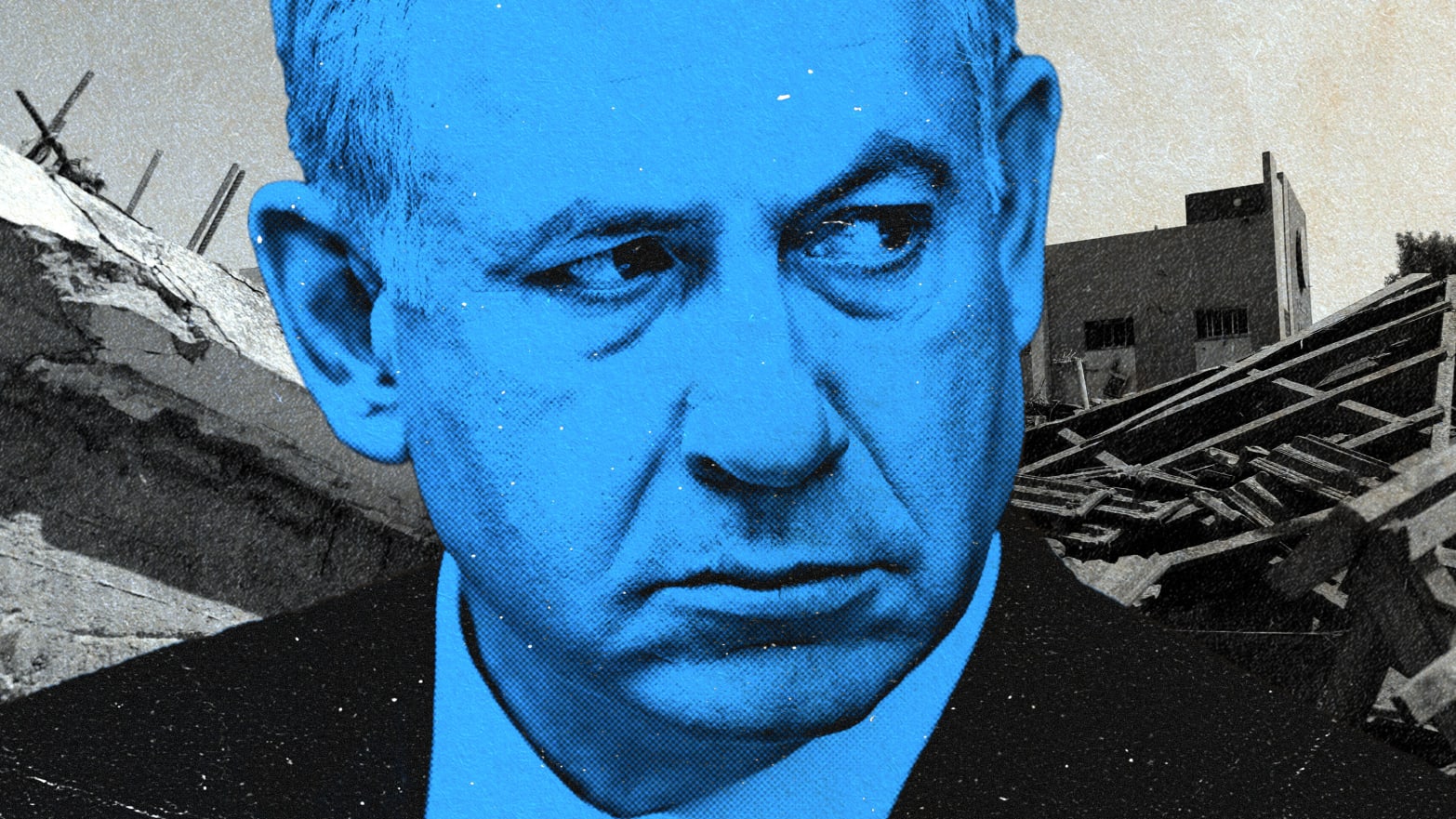 Benjamin Netanyahu in front of rubble in Israel