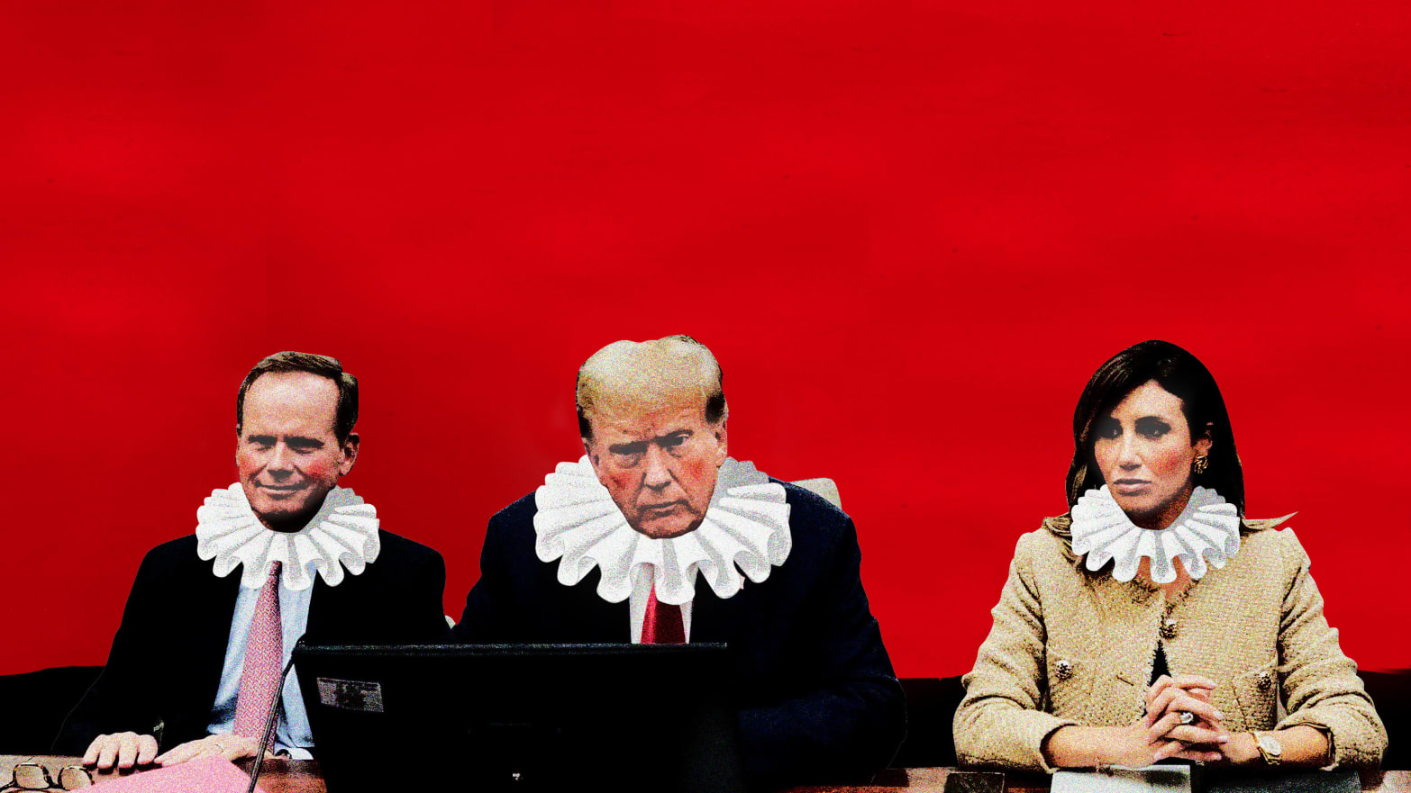 A photo illustration showing Donald Trump and his lawyers at his fraud trial dressed up as jesters.