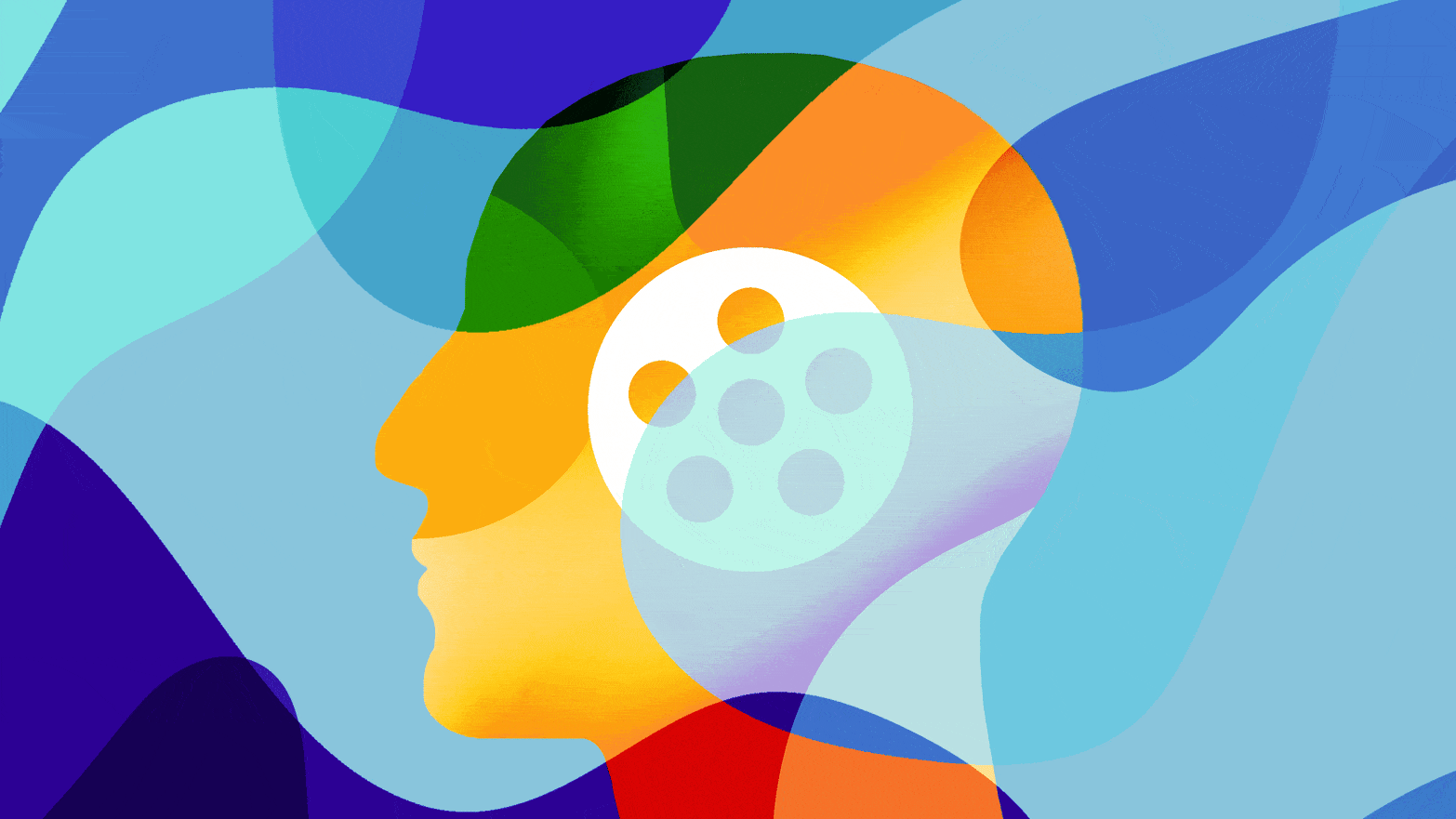An illustration of a silhouette of a man's head with a film reel spinning with different colors all around 