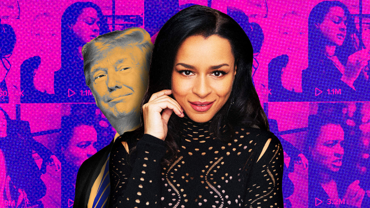 A photo illustration of Sarah Cooper and former President Donald Trump.