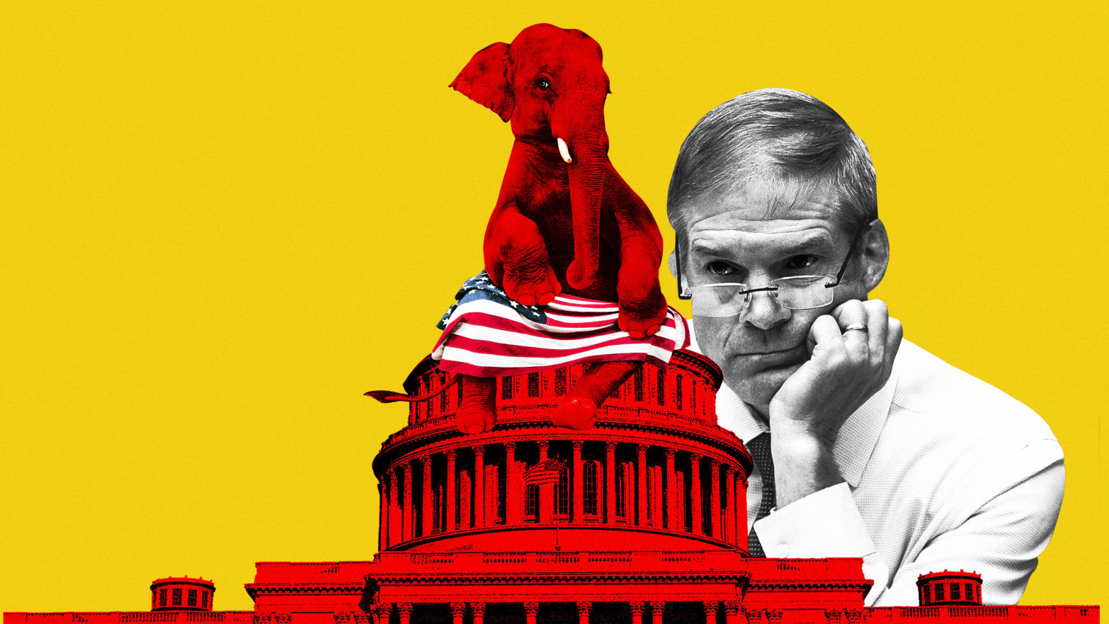 An illustration including a photo of Jim Jordan, U.S. Capitol Hill Building, and GOP iconography 