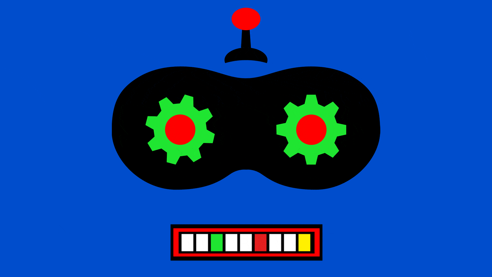Illustrated gif of a robot face with a dark villainous eye mask with gears turning and a mouth changing different colors.