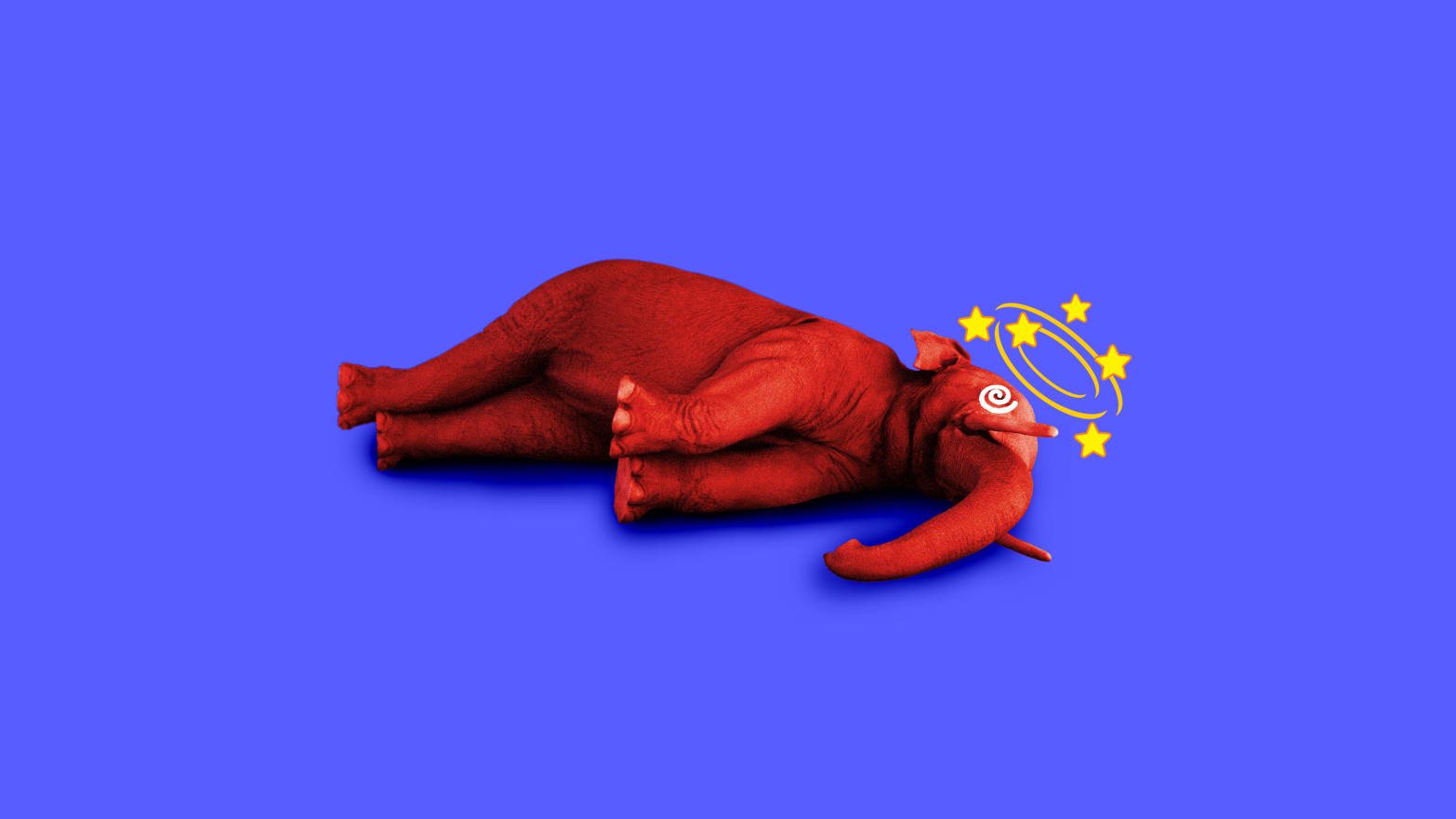 A photo illustration of a knocked out red elephant on the ground with stars over its head.