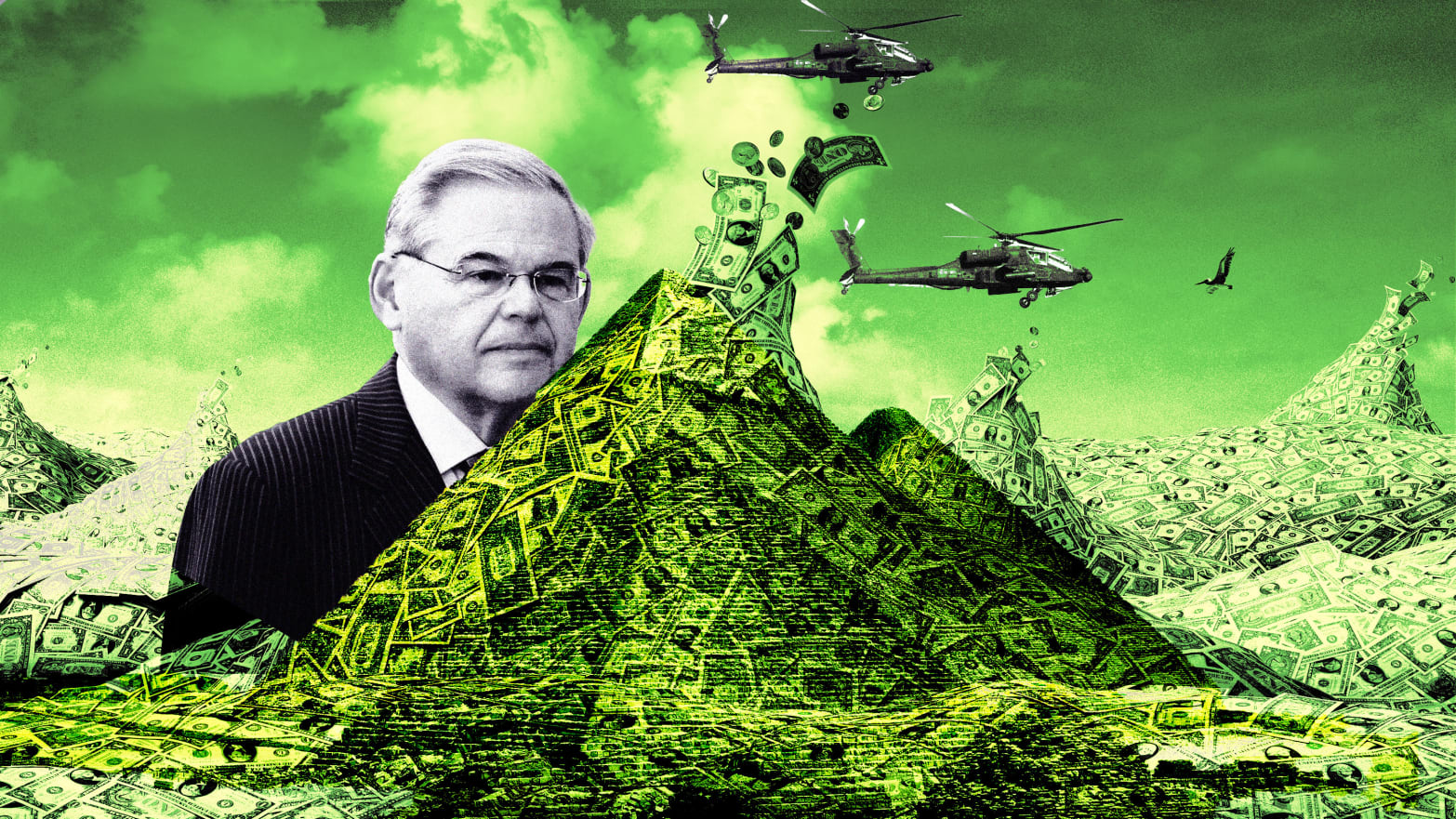 An illustration including a photo of Senator Robert Menendez, Apache helicopters, large piles of Money, and the Pyramids of Giza