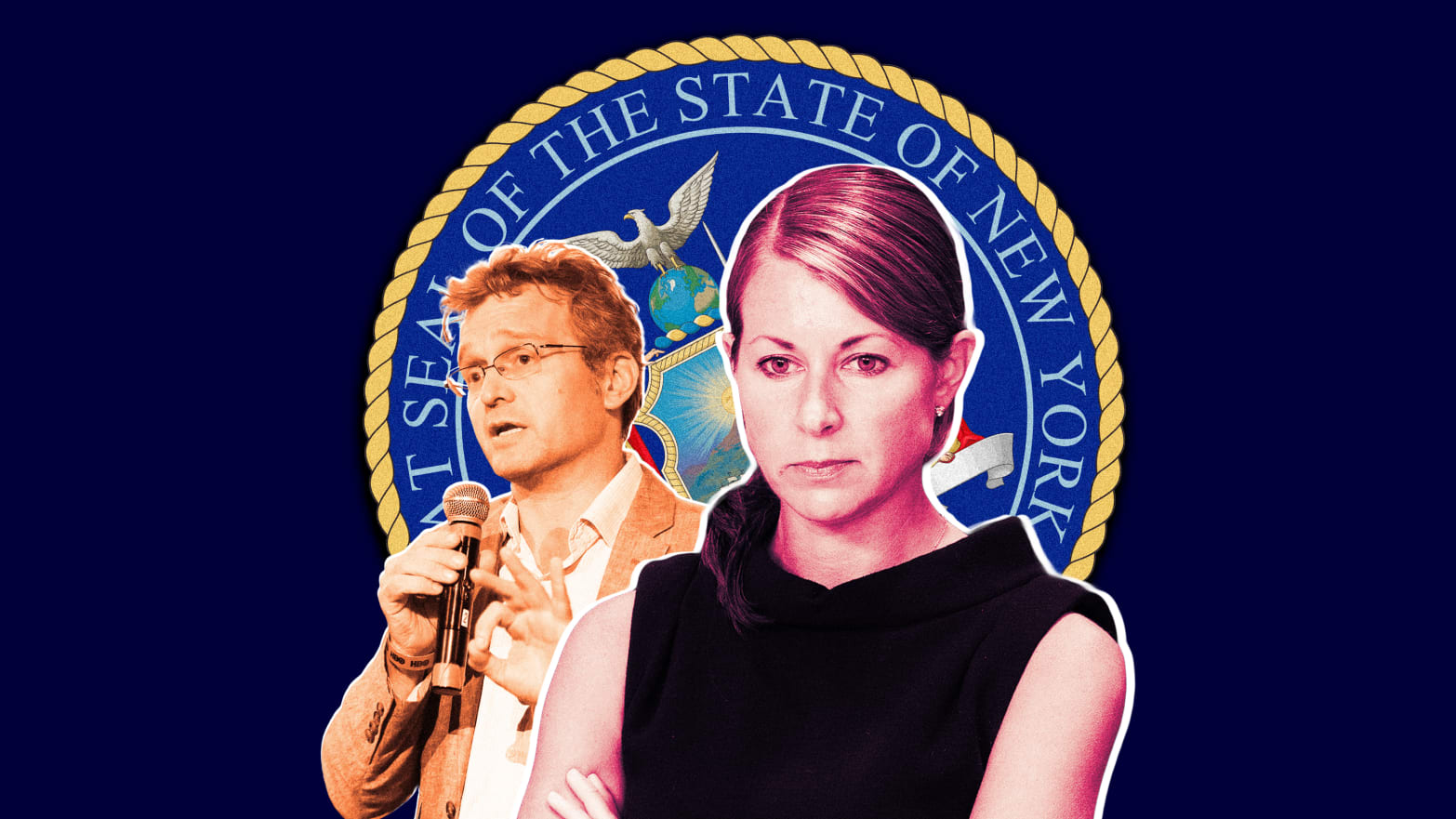 A photo illustration of Jesse McKinley and Melissa DeRosa of the state seal of New York.