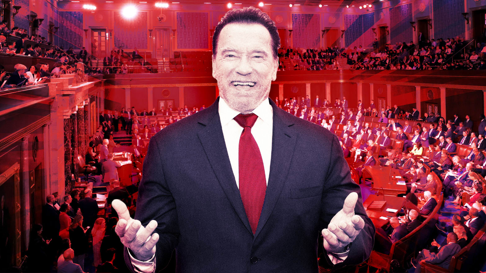 A photo illustration of Arnold Schwarzenegger and the House of Representatives.