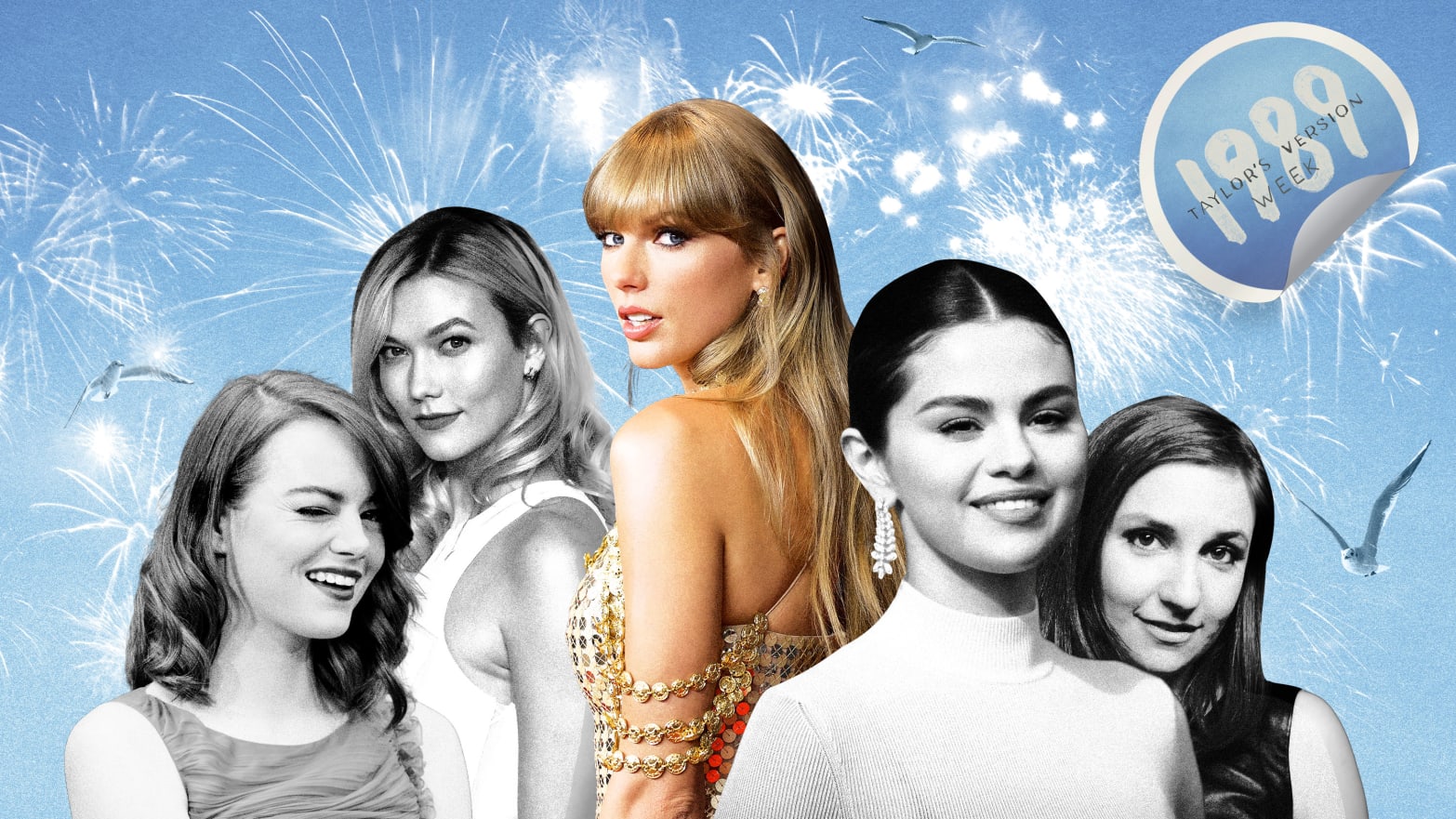 An illustration including photos of Taylor Swift, Karlie Kloss, Emma Stone, Lena Dunham, Selena Gomez, and July 4th Fireworks