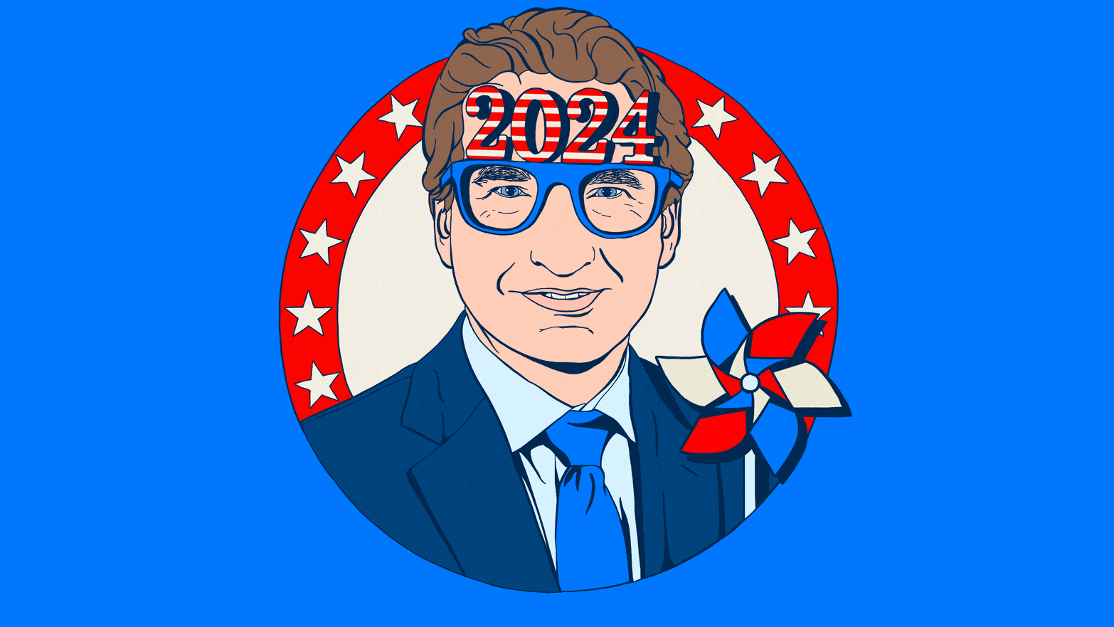 Illustrated gif of Dean Phillips wearing 2024 glasses and a pinwheel turning