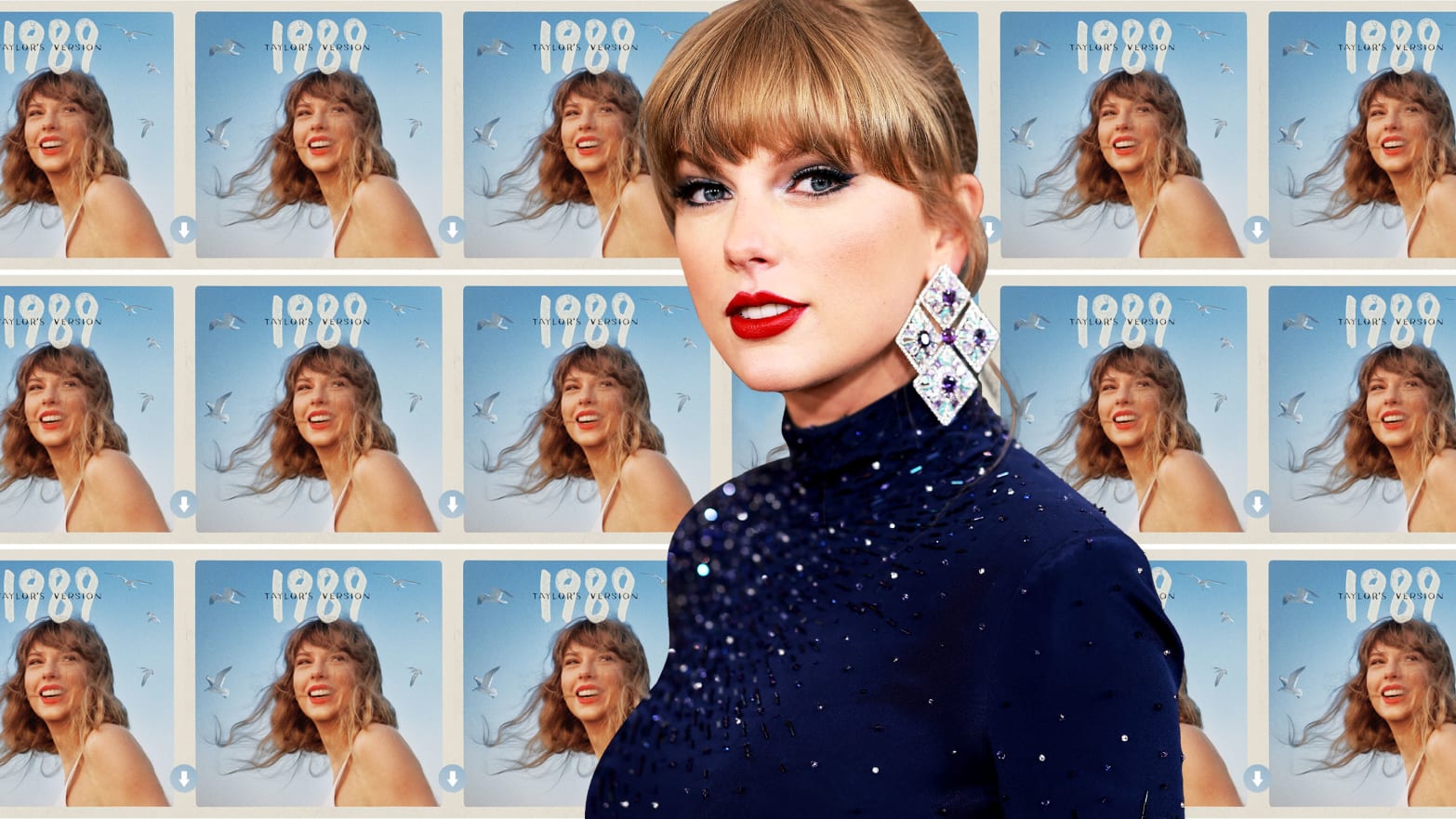An illustration including a photo of Taylor Swift and her album Cover Art for 1989 Taylor’s Version