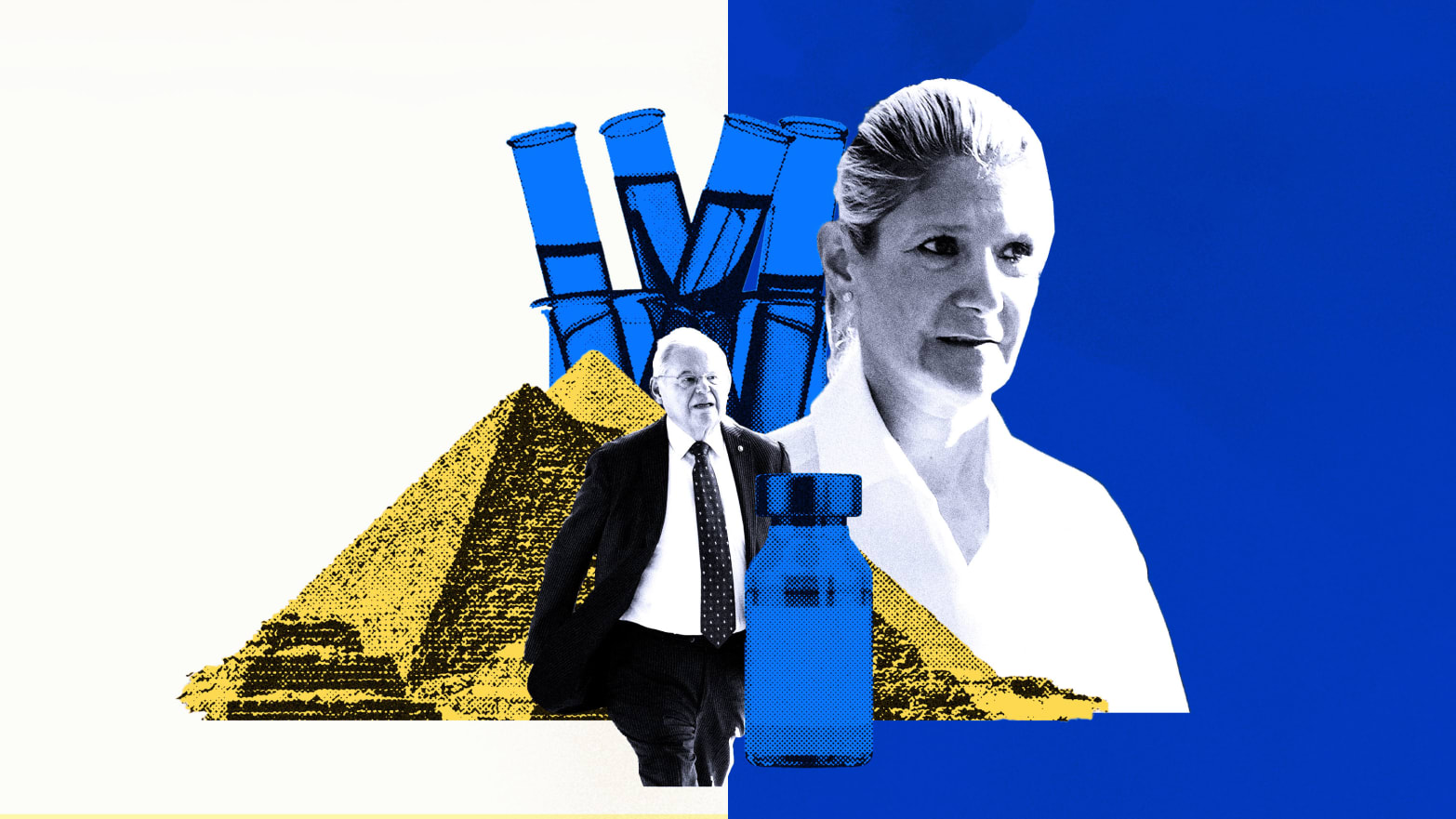 A photo illustration of Nadine and Bob Menendez among beakers and a pyramid in Egypt