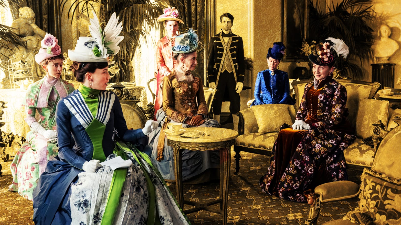 A photo illustration of the Gilded Age season 2 cast.