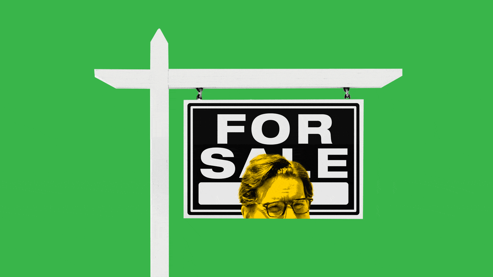 A gif of Dean Phillips poking his head in and out from a for sale sign on a green background