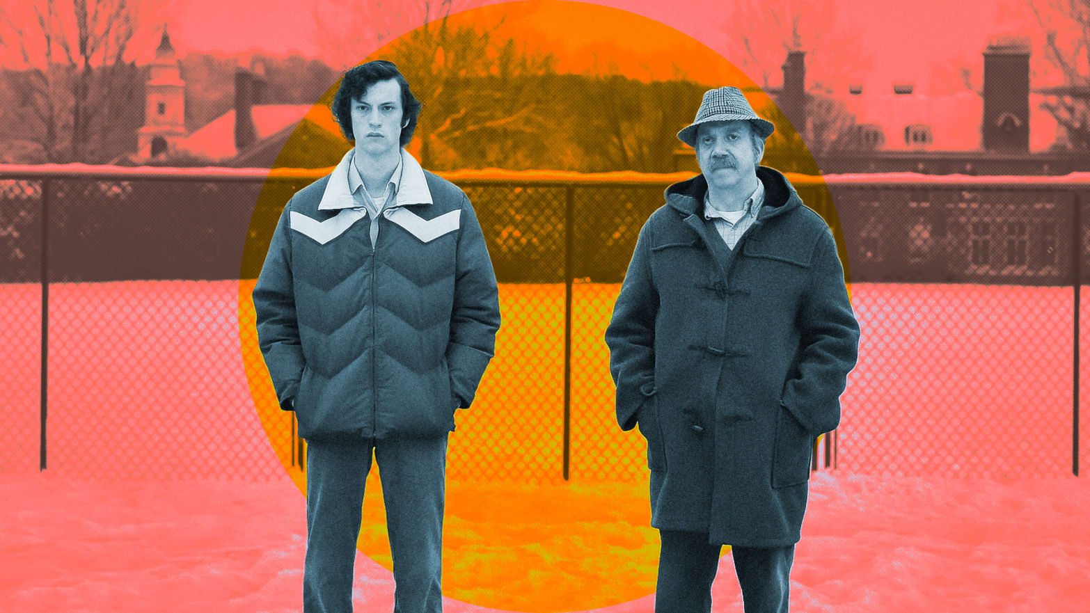 A photo illustration Dominic Sessa and Paul Giamatt in The Holdovers.