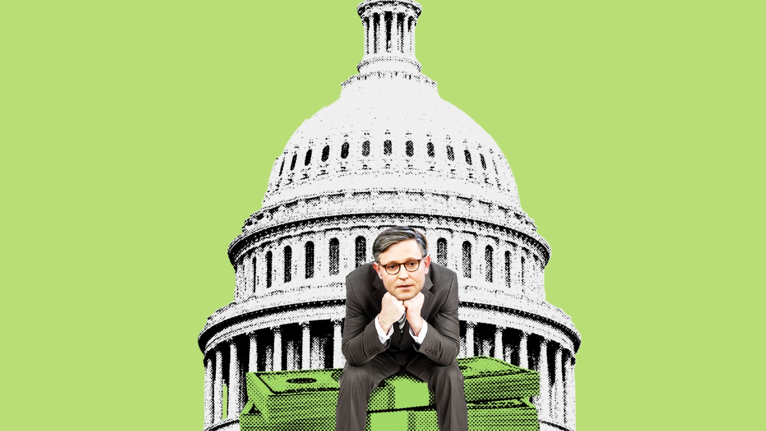 A photo illustration of Mike Johnson sitting on a small pile of money in front of Congress looking despondent 