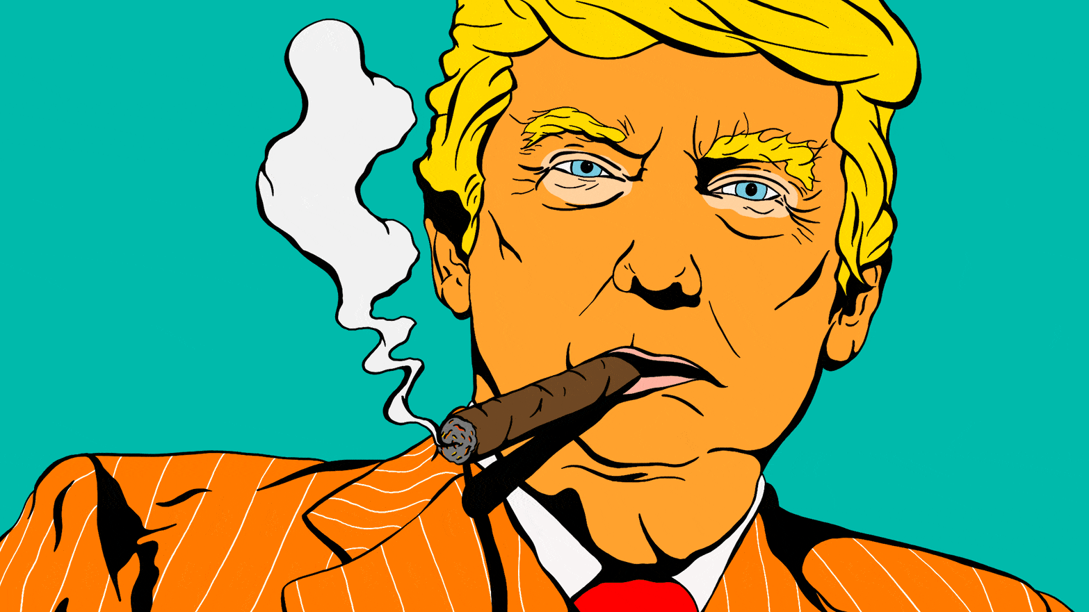 Illustrated gif of Donald Trump smoking a cigar in a orange pinstripe suit.