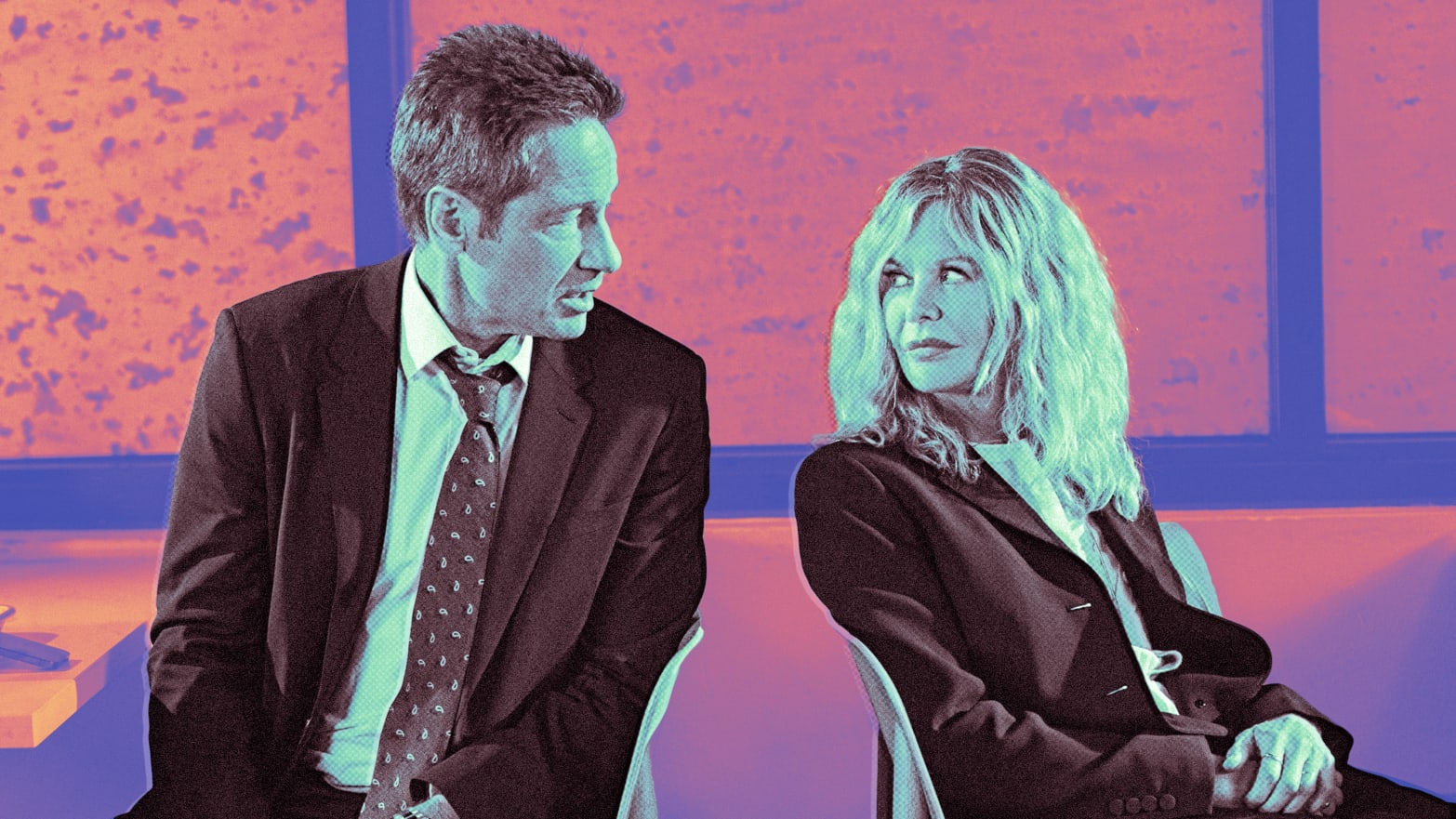 A photo illustration of David Duchovny and Meg Ryan in What Happens Later.