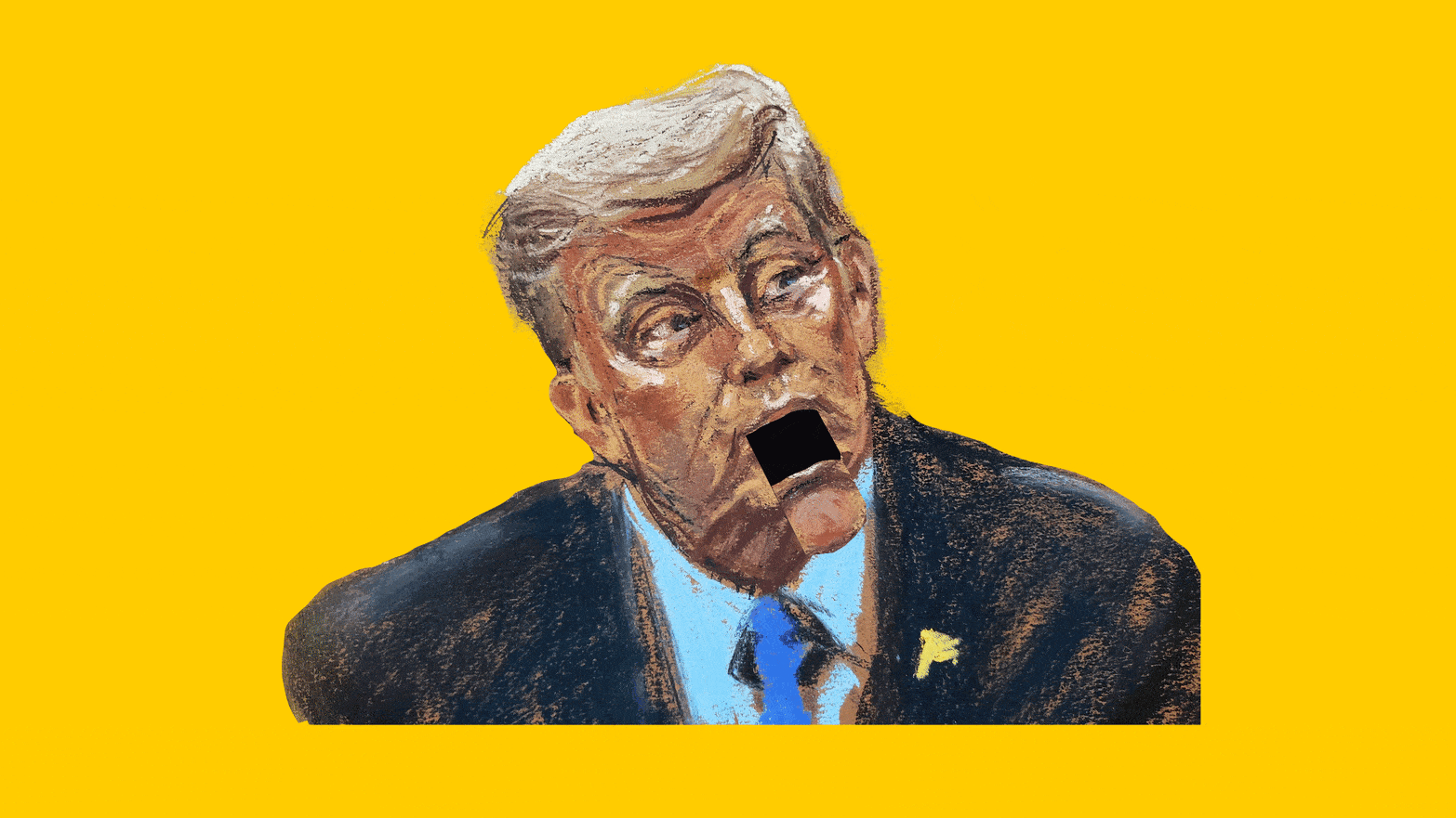 Illustrated gif of a courtroom sketch of Donald Trump with his mouth opening and shutting