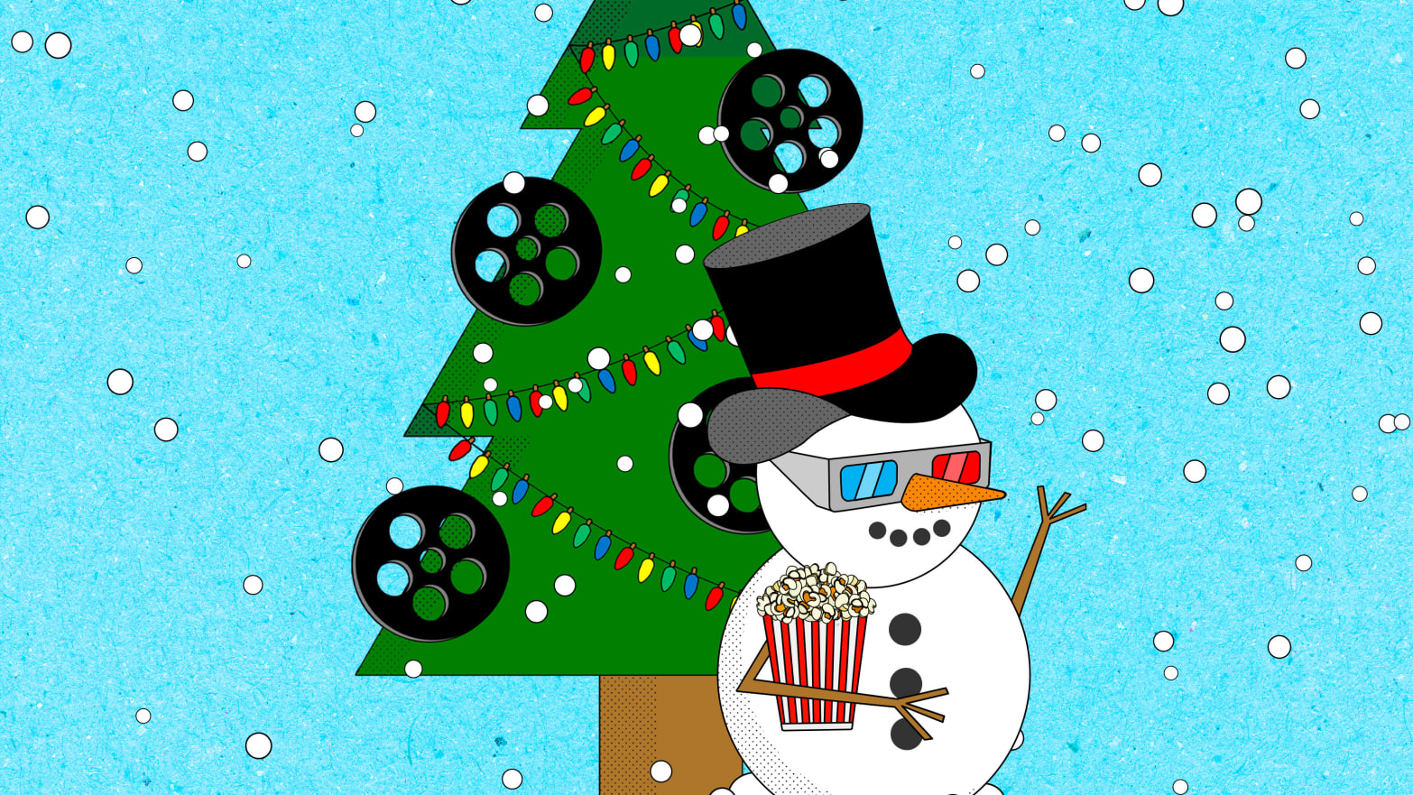 An illustration of a snowman wearing 3D glasses and holding a bucket of popcorn. Behind him is a Christmas tree with film reels decorating it.