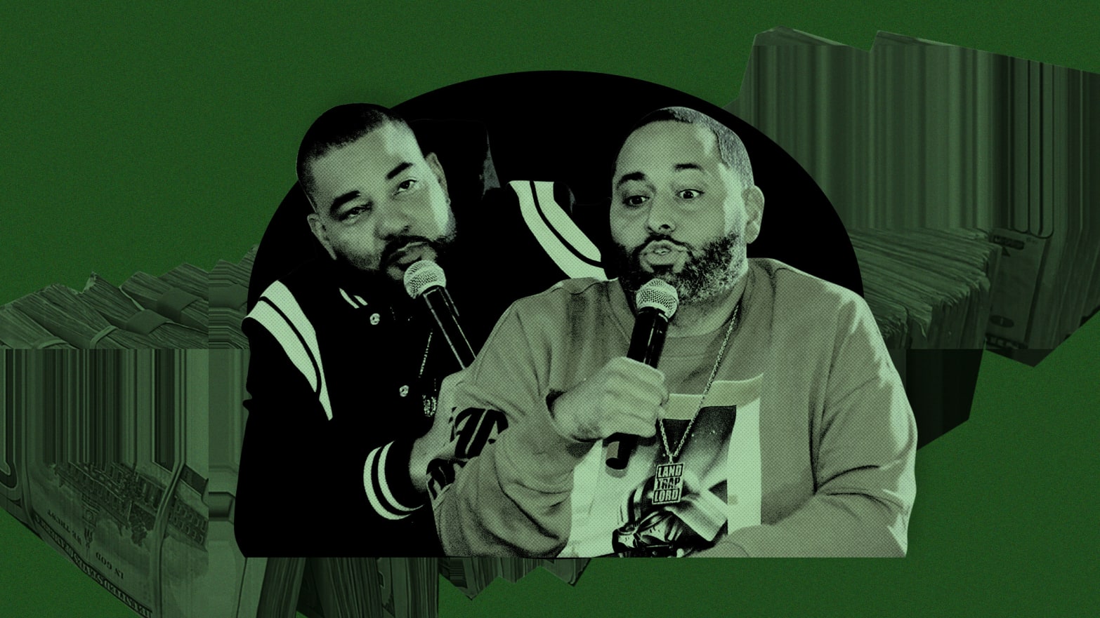 A photo illustration showing DJ Envy and Cesar Pina in front of money.
