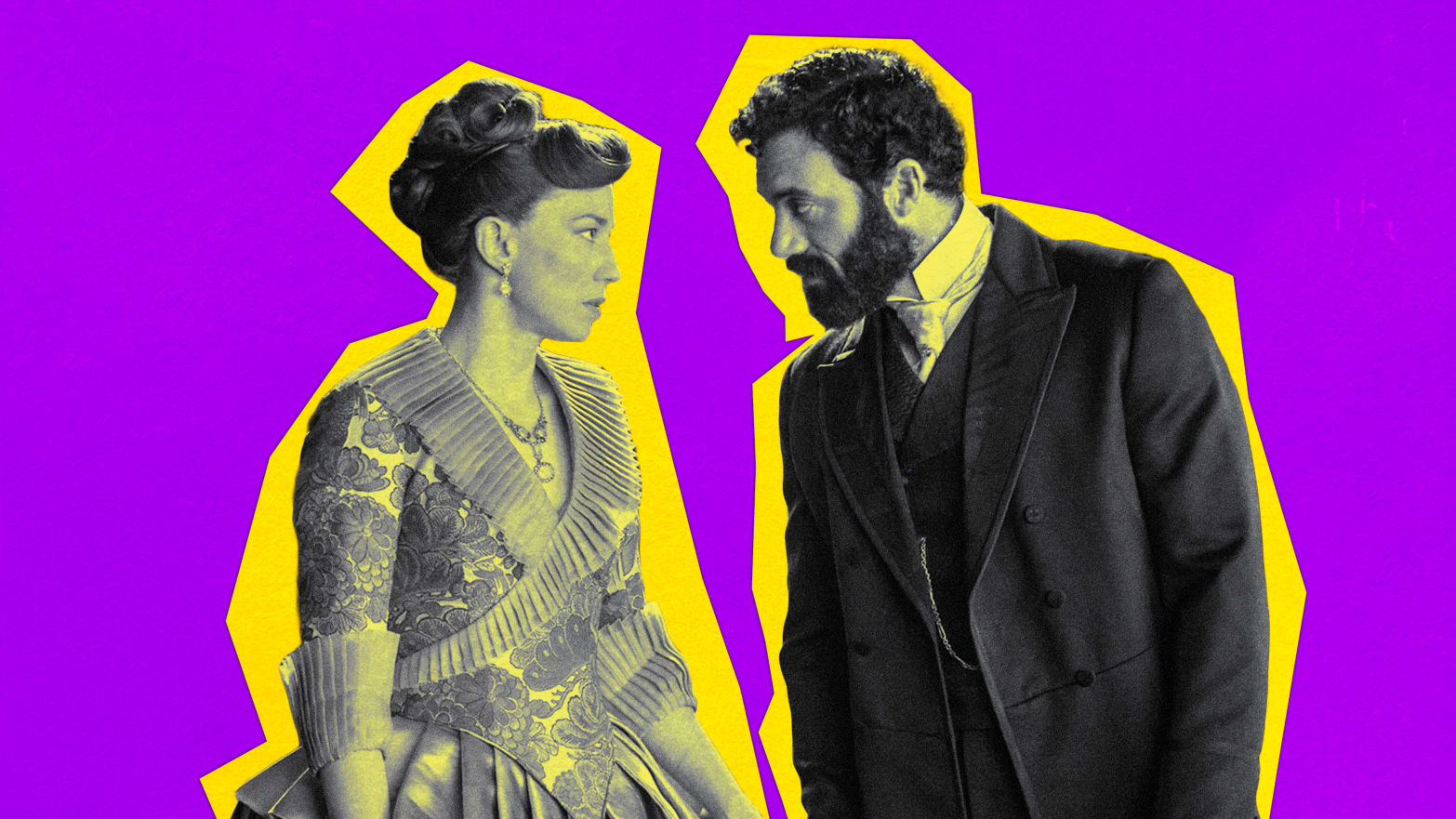 A photo illustration of Carrie Coon and Morgan Spector in The Gilded Age.