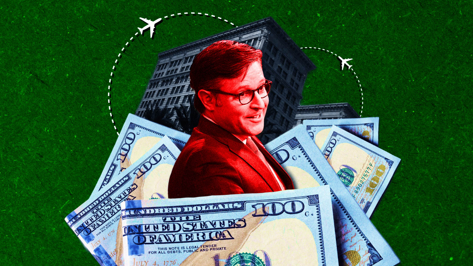 A photo illustration of House Speaker Rep. Mike Johnson, money, and the New Orleans Ritz-Carlton.