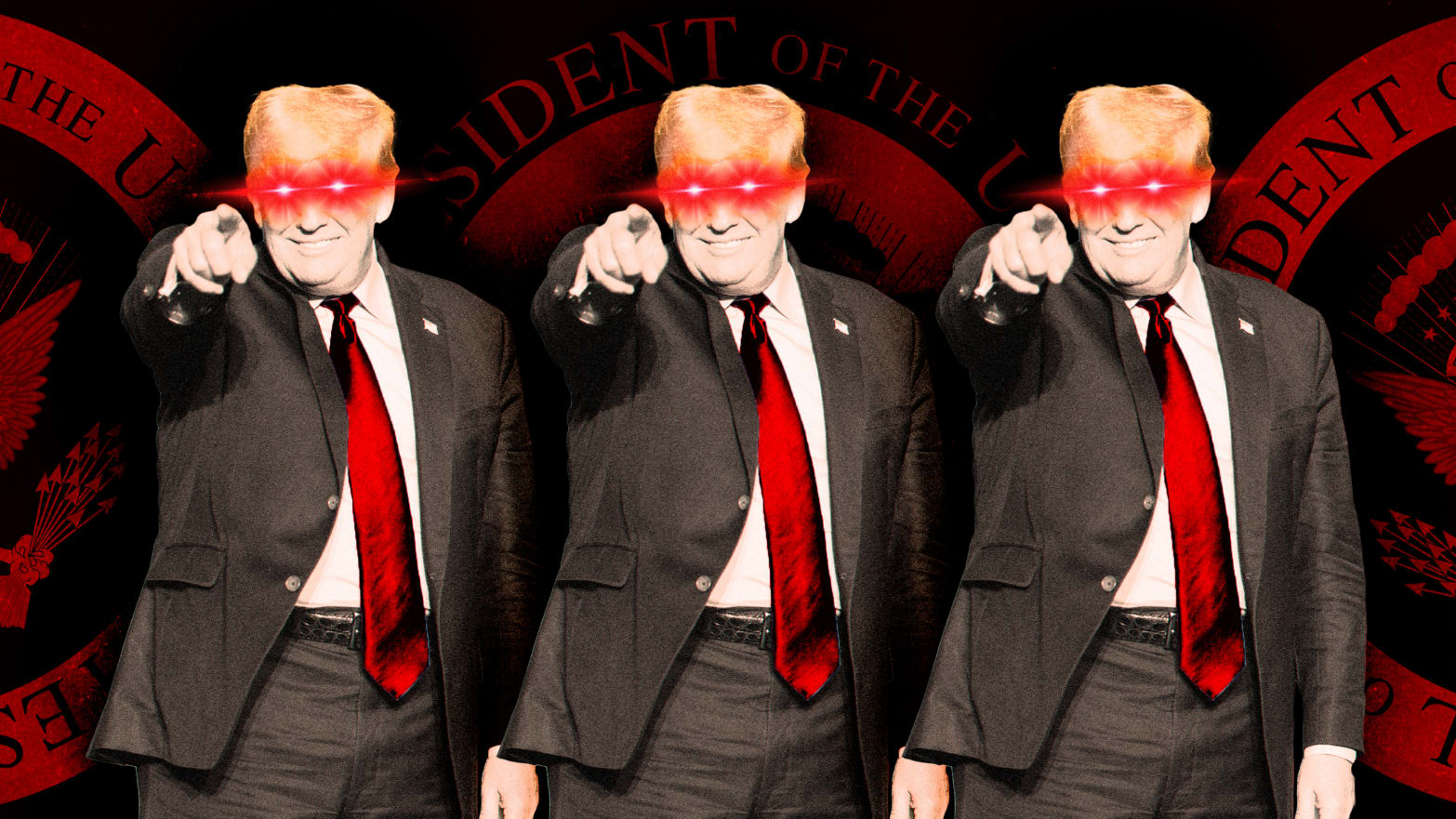 A photo illustration of former President Donald Trump with laser eyes.