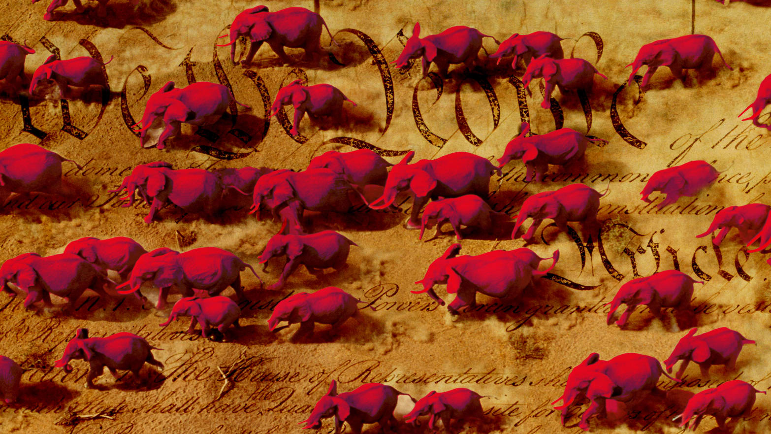 A photo illustration of red elephants running across the US Constitution. 