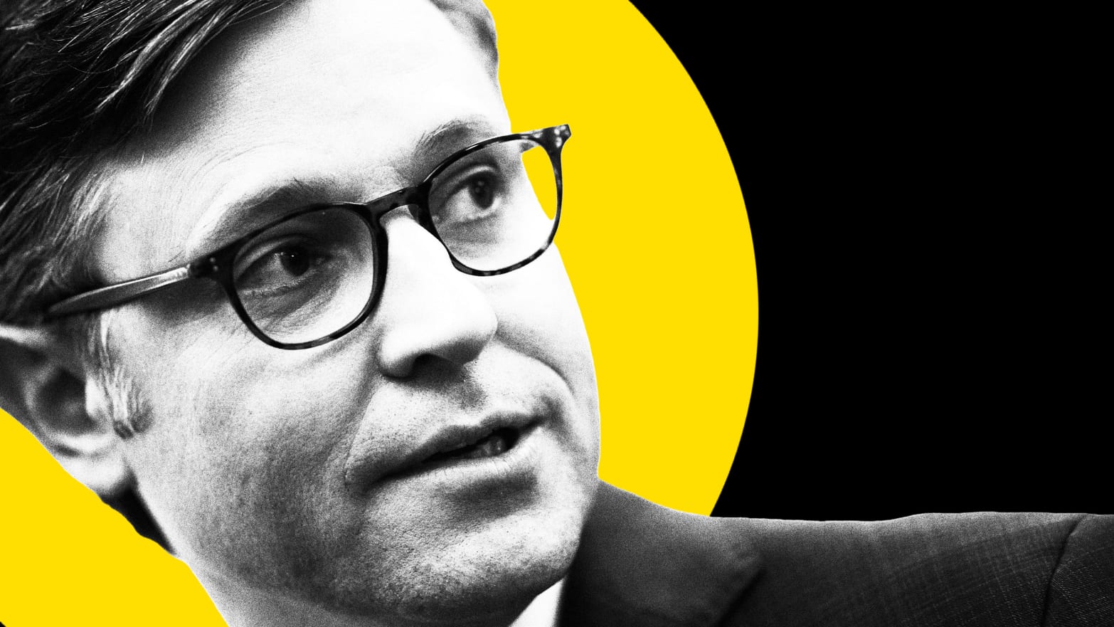 Photo illustration of Mike Johnson with a yellow circle behind him and a black background.