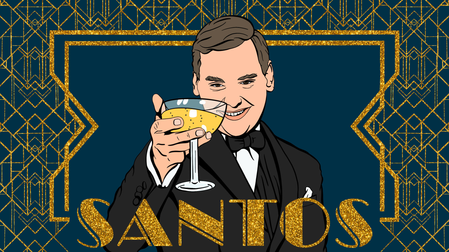 Illustration of George Santos as Jay Gatsby with an art deco background