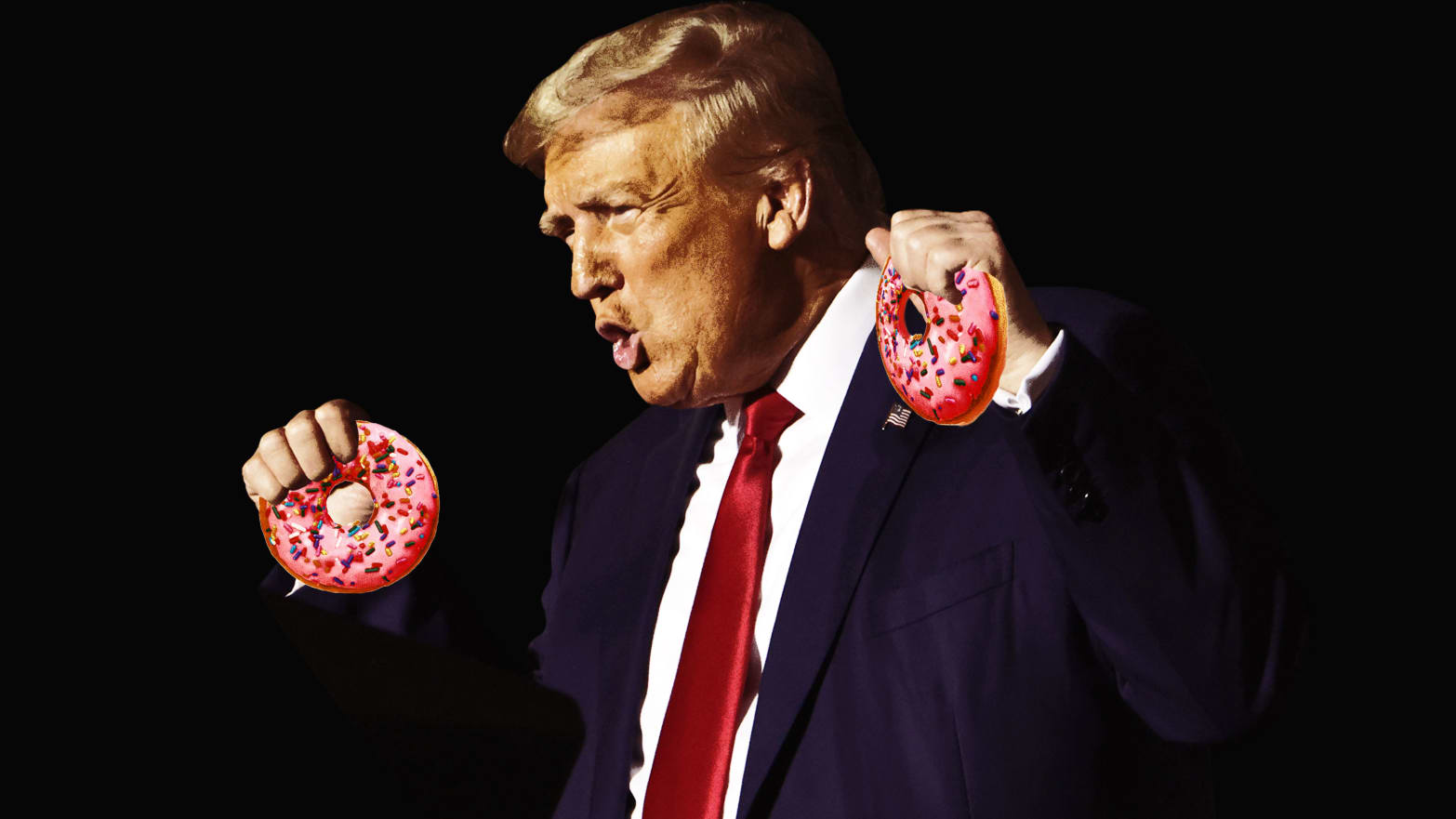 A photo illustration of Donald Trump shouting while holding two pink glazed donuts in both hands.