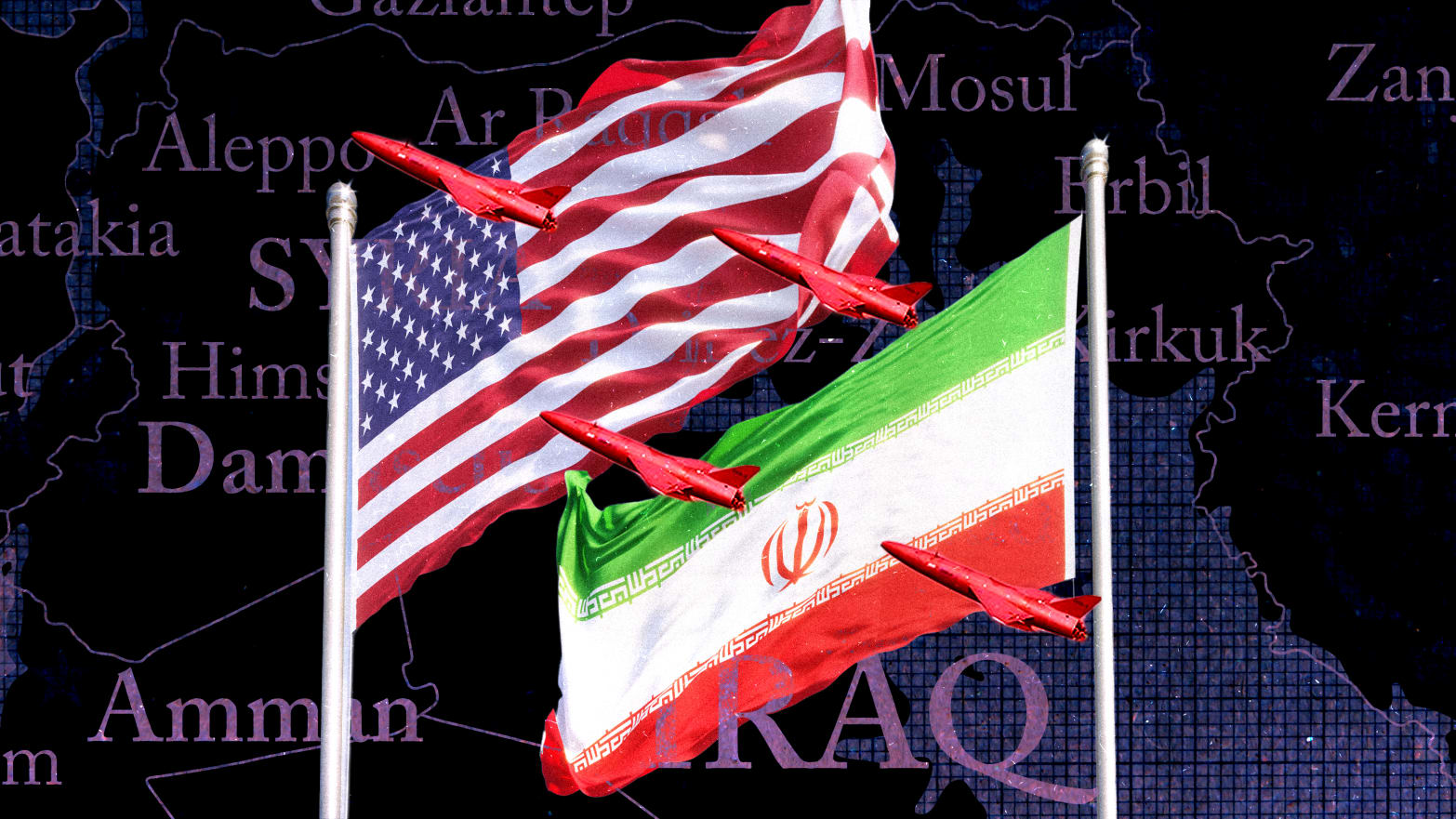 A photo illustration of the US, Iran flags, and a map of the Middle East.