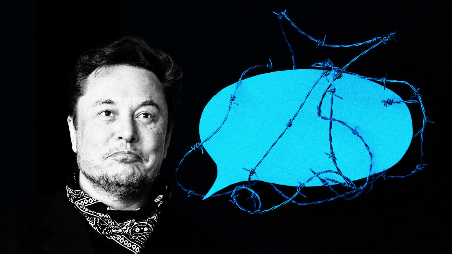 An illustration including a photo of Elon Musk and a Chat Bubble layered in barbed wire