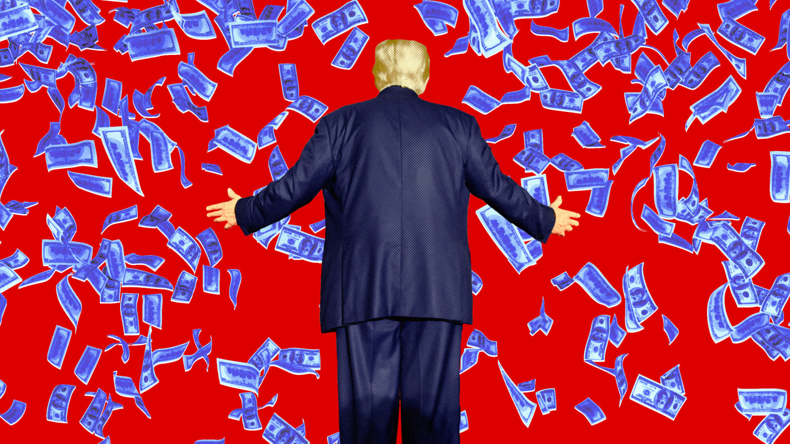A photo illustration of former President Donald Trump and blue dollar bills falling.