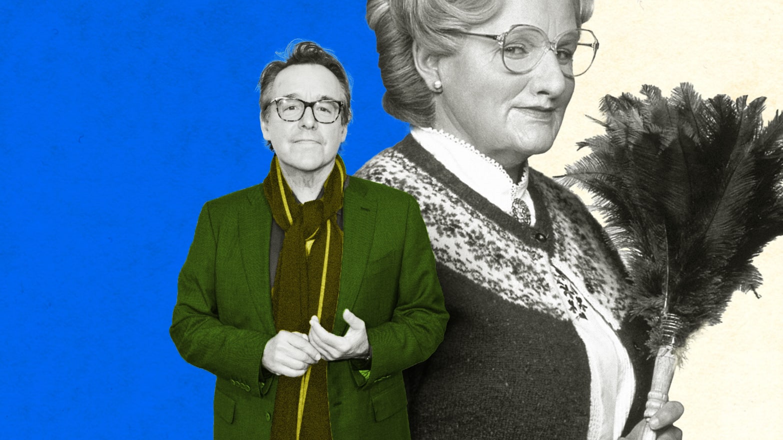 A photo illustration of Chris Columbus with Mrs. Doubtfire behind him