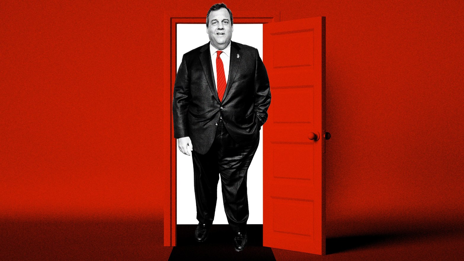An illustration including a photo of Chris Christie and an open door 