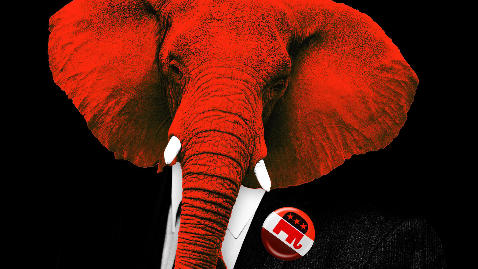 An illustration including a GOP elephant in a suit with a Republican pin 