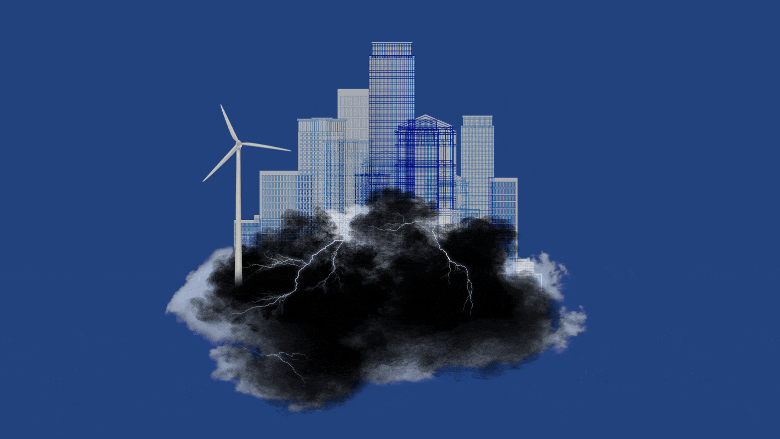 Photo illustrative gif of a blueprint of a city in a dark storm cloud with a rotating wind turbine