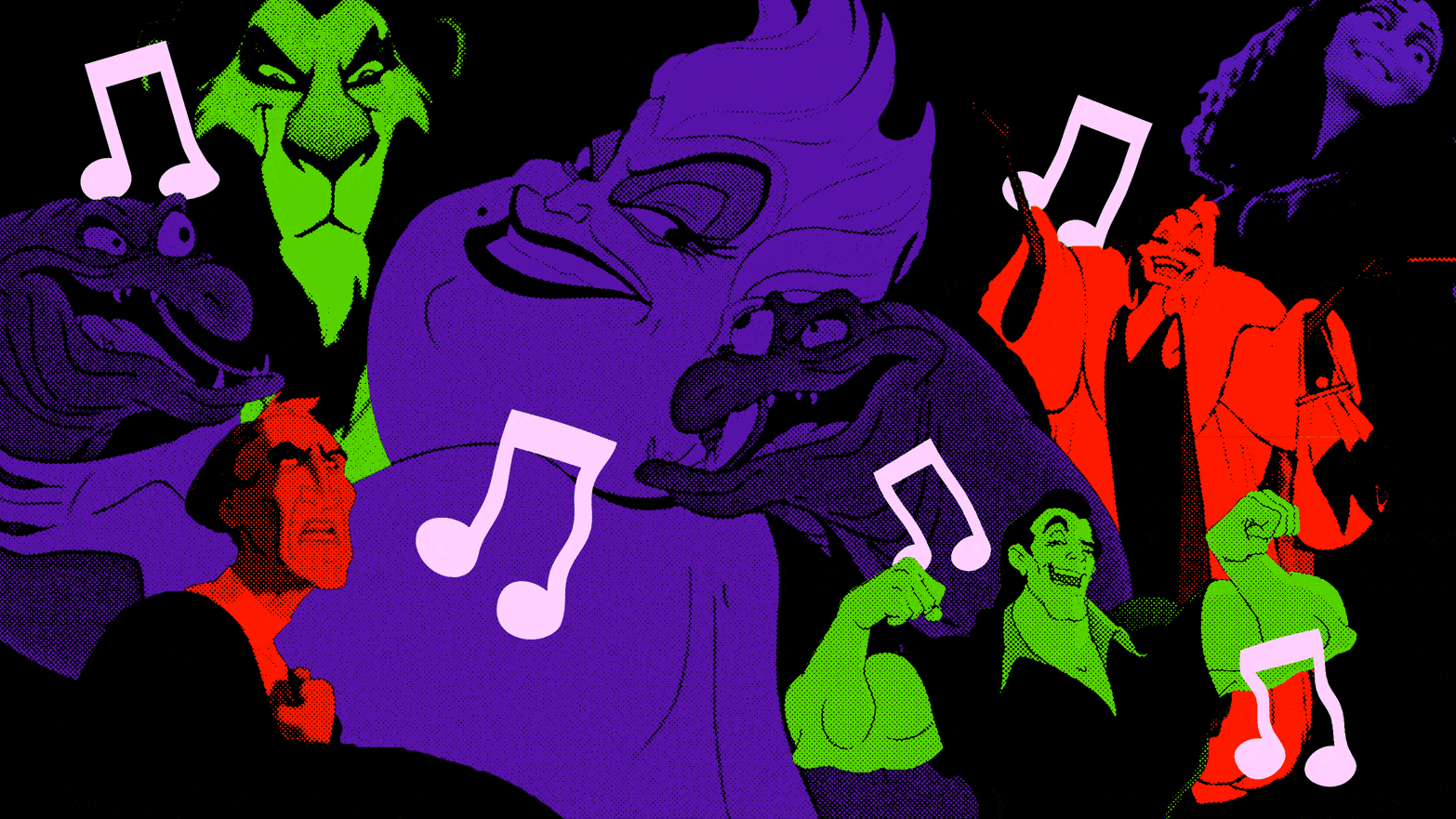 Photo illustrated gif of Disney villains and moving music notes