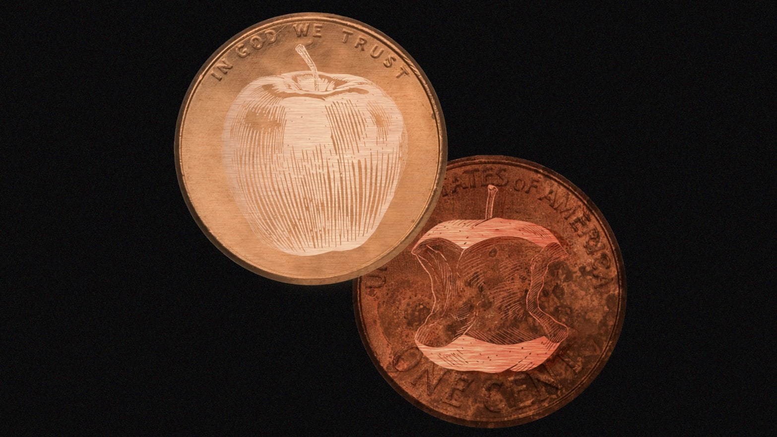 A photo illustration showing pennies front and back with a rotting apple.