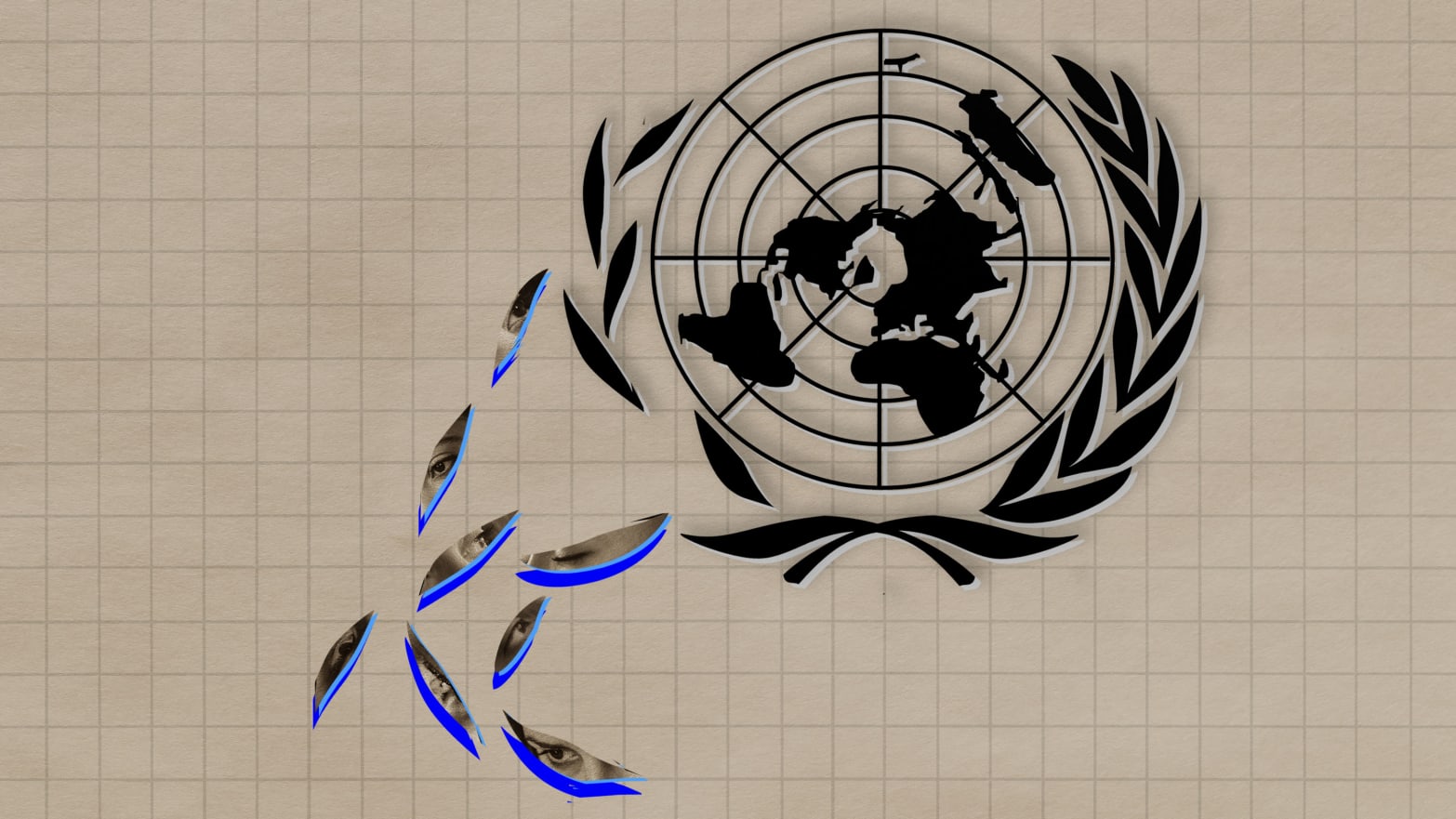 A photo illustration showing the leaves from the UN logo falling off.