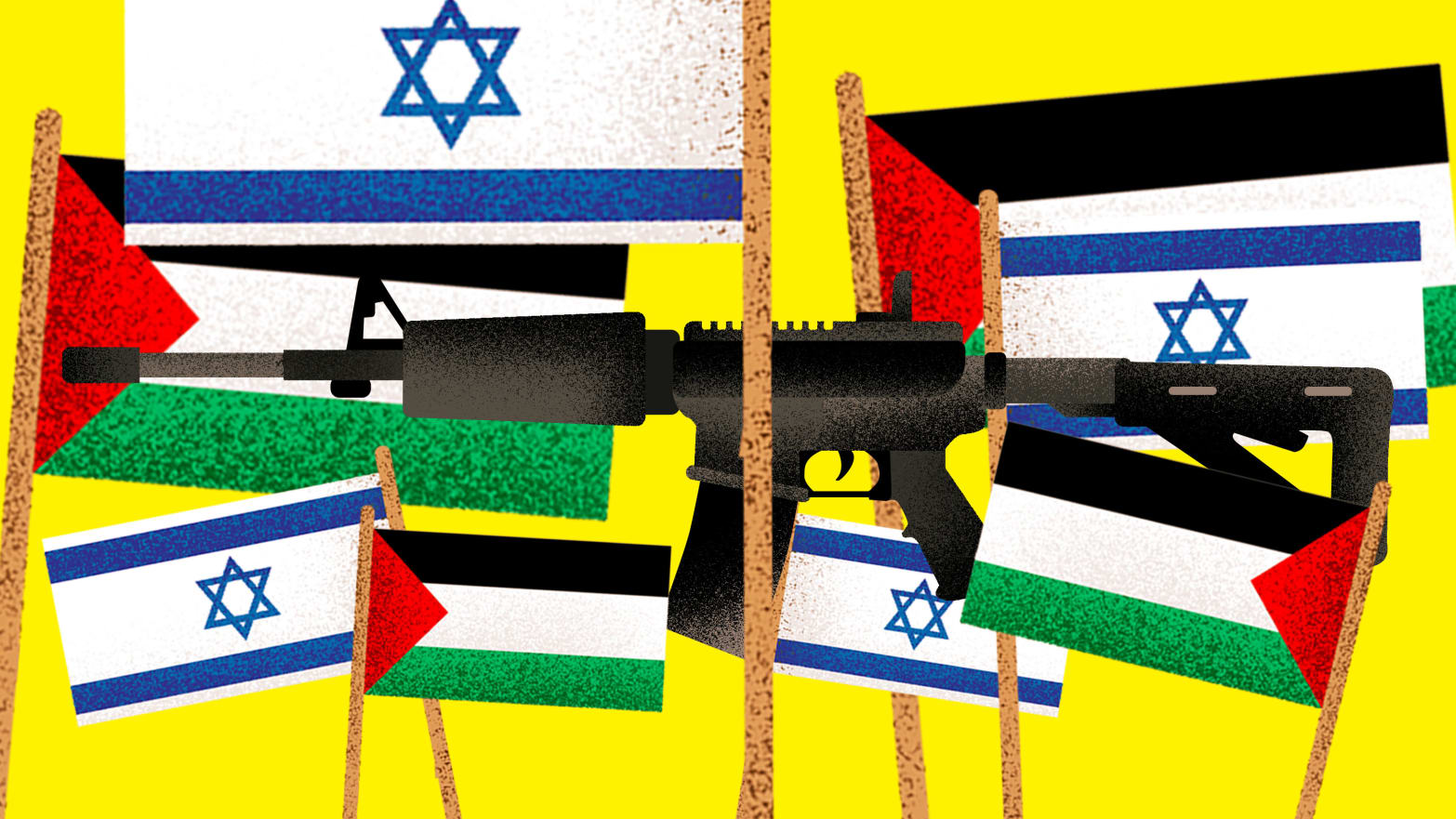 An illustration of a military rifle surrounded by Israeli and Palestinian flags