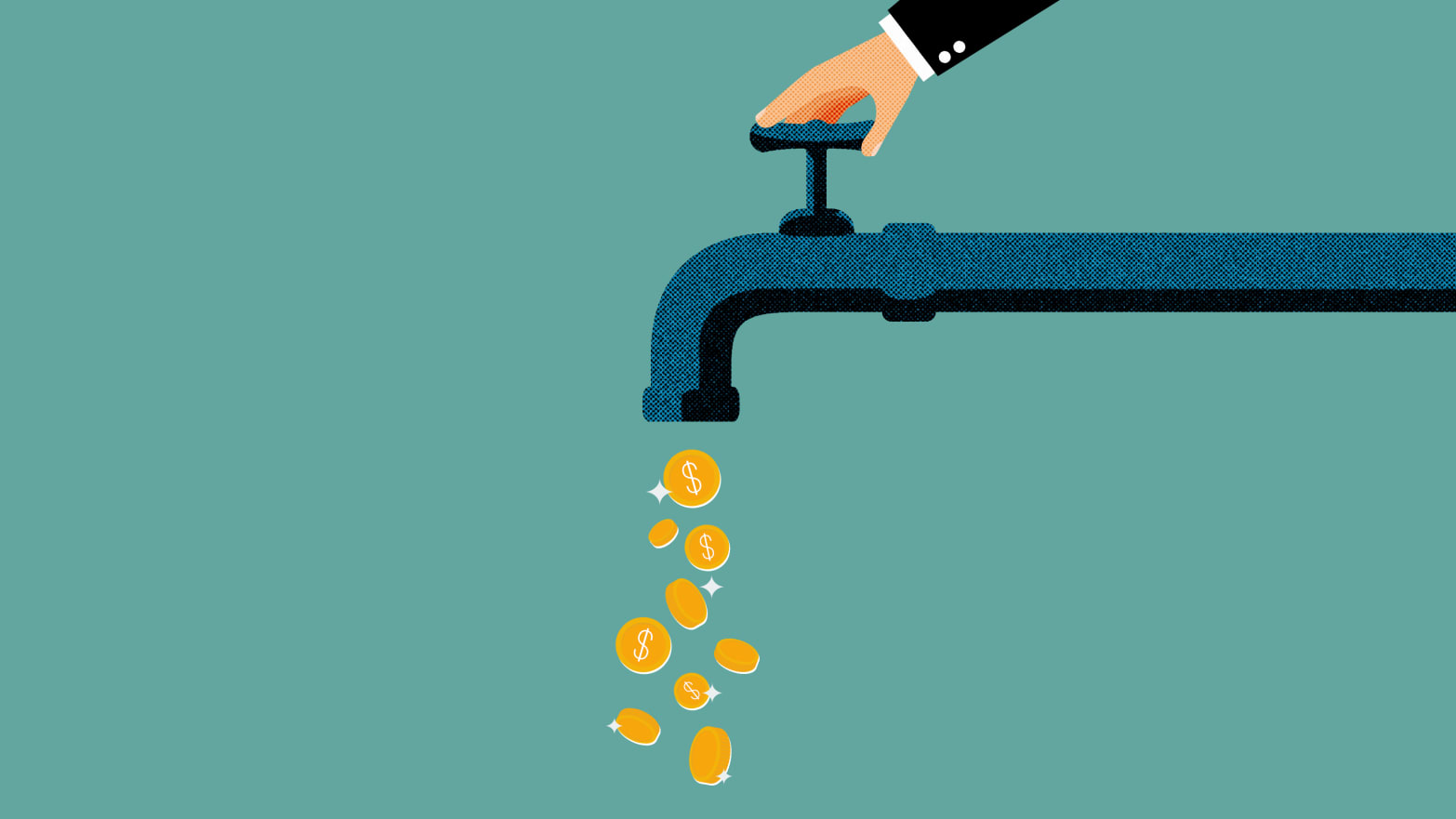 A photo illustration of a faucet trickling out coins.