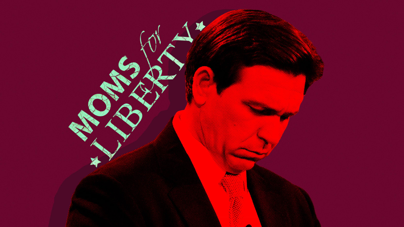 A photo illustration of Ron DeSantis and the logo of Moms For Liberty.